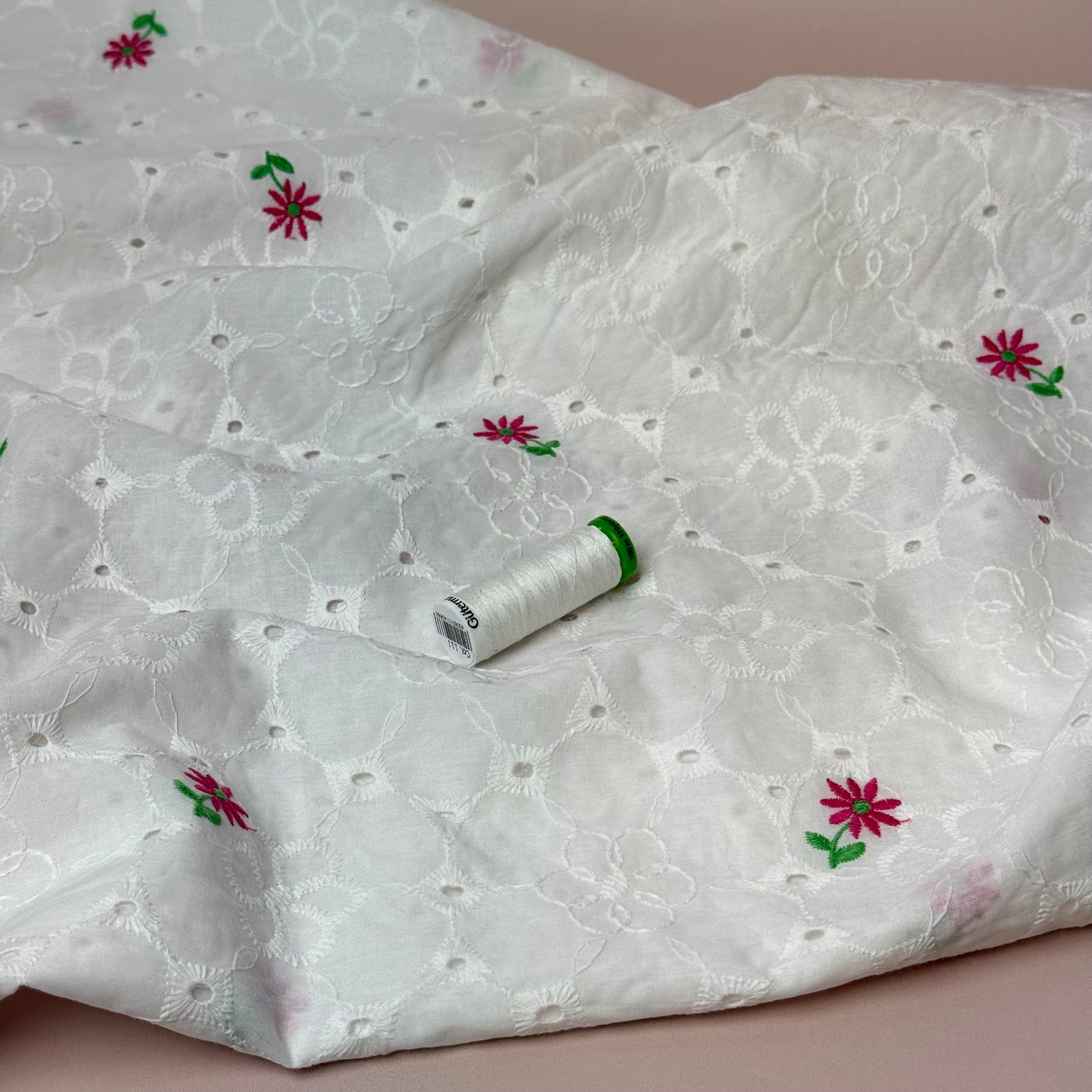 Embroidered Asters White Cotton Voile Fabric