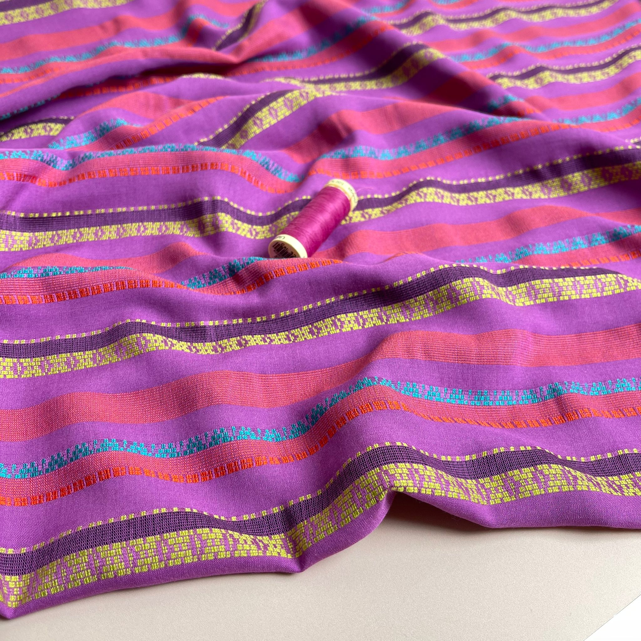Yarn Dyed Embroidered Stripes on Pink Viscose Fabric