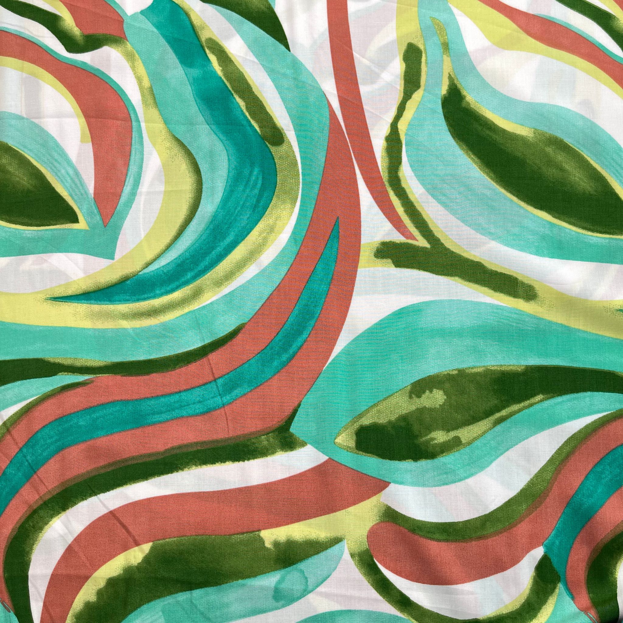 Abstract Waves Green Viscose Poplin Fabric