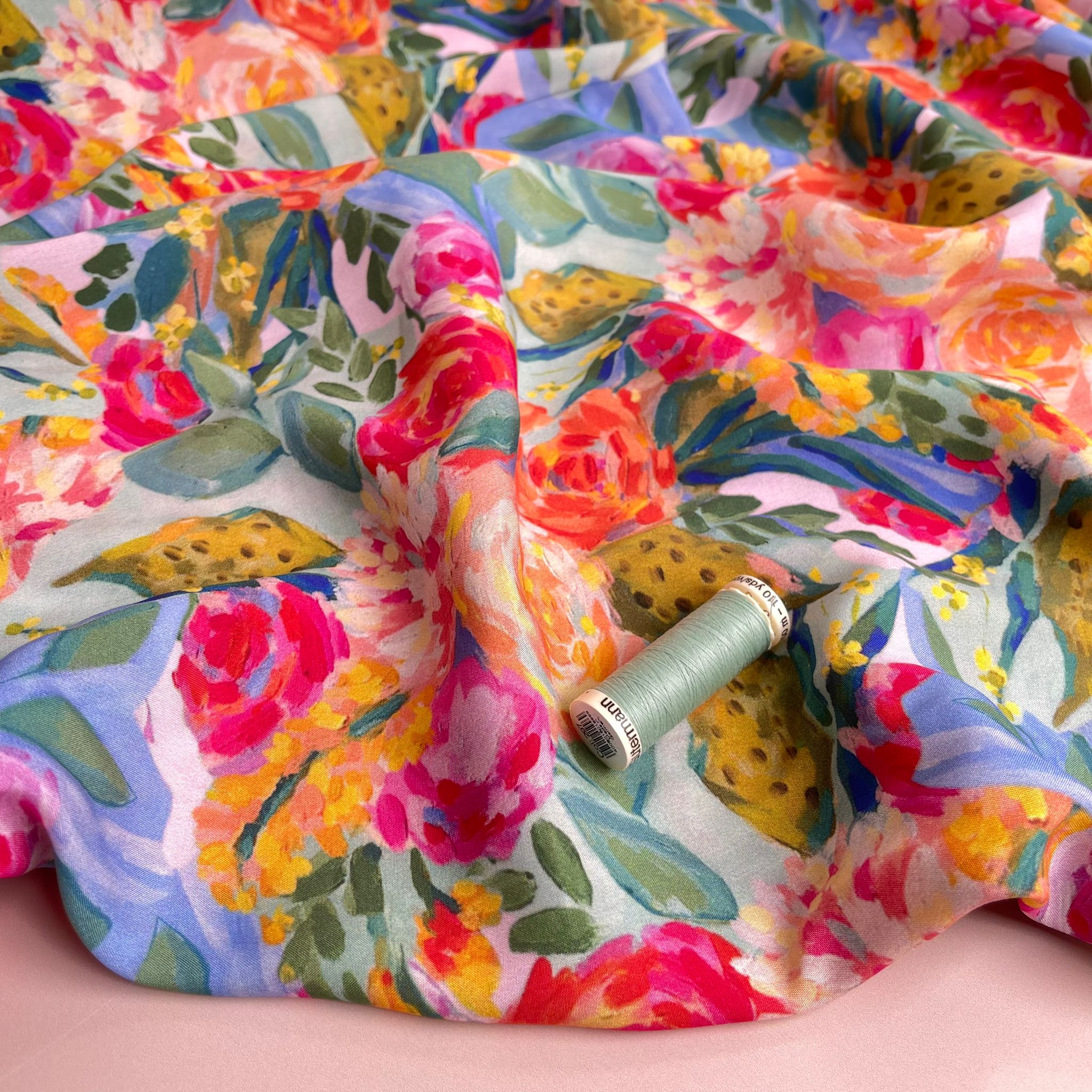 REMNANT 1.20 metres - Painted Peonies Viscose Fabric