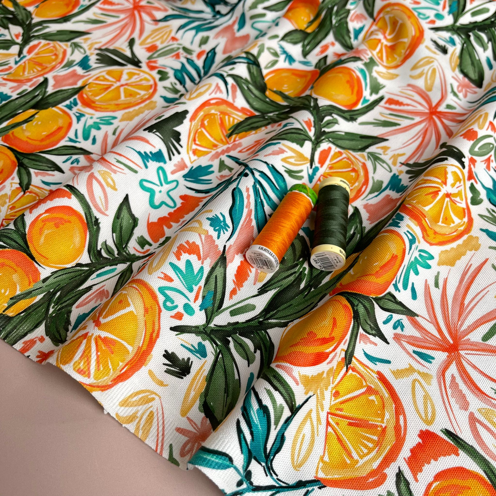 Orange Grove on White Cotton Canvas Fabric