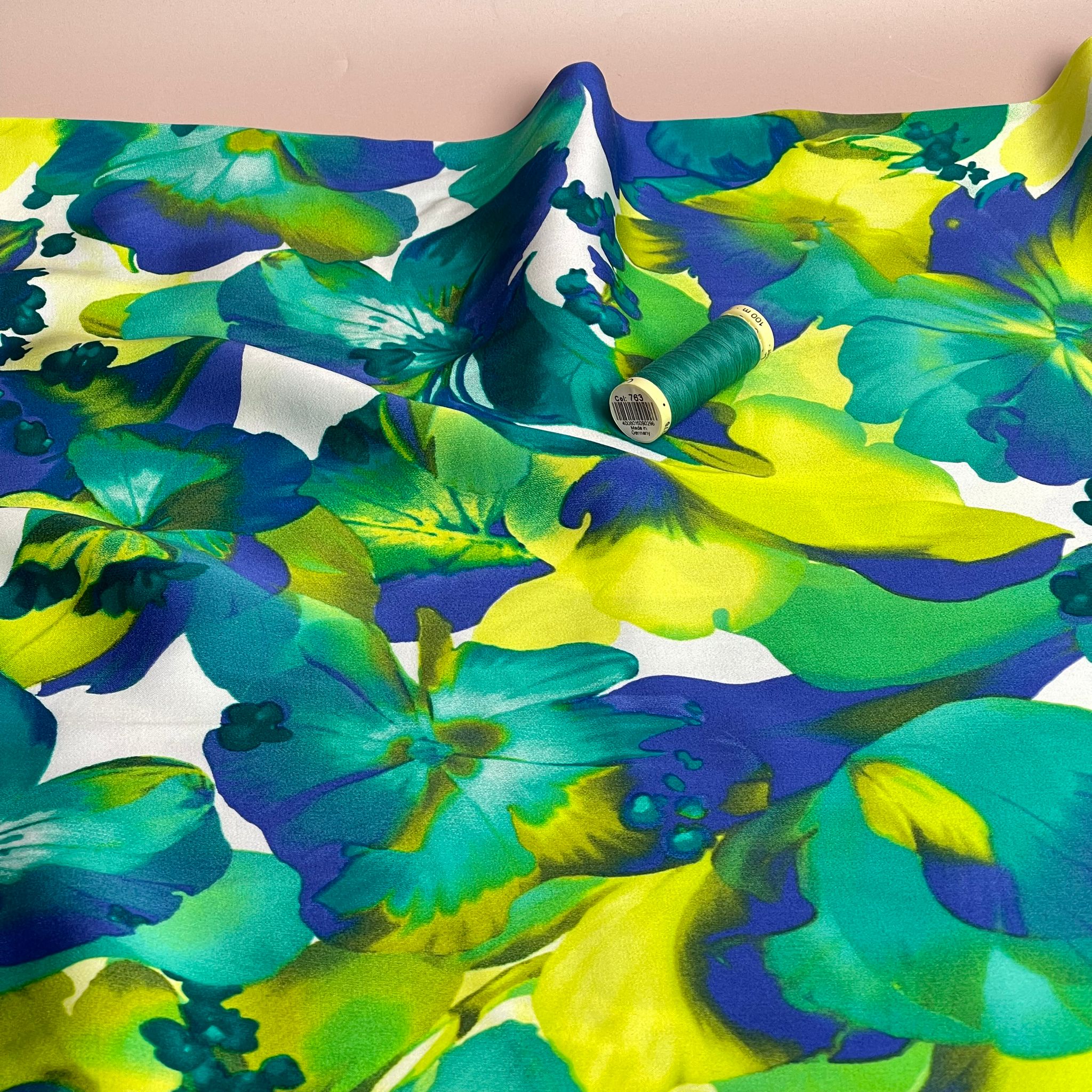 Vibrant Blooms in Cobalt and Lime Viscose Sateen Fabric