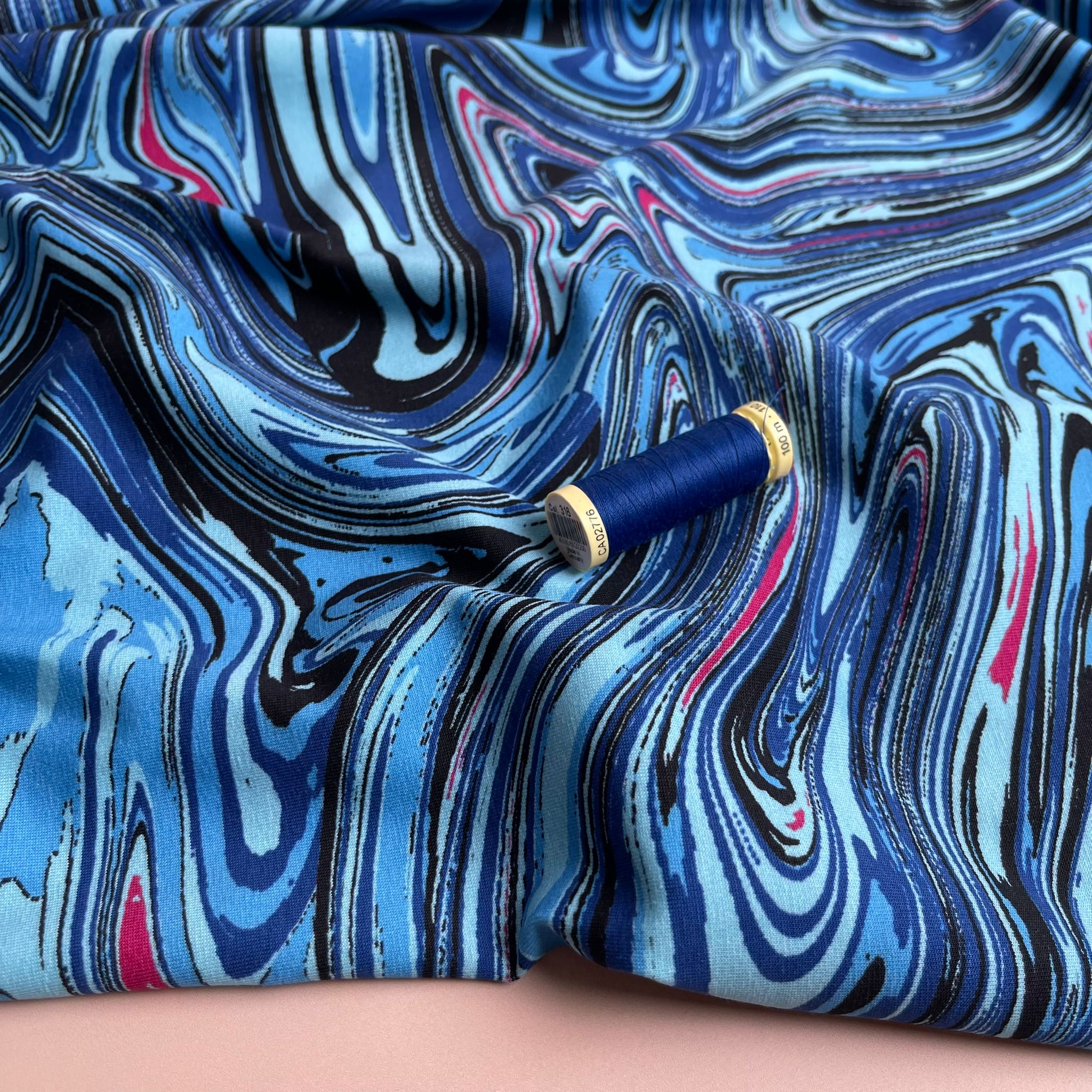 REMNANT 2.31 Metres - Danish Design - Cobalt Swirls Cotton Jersey Fabric