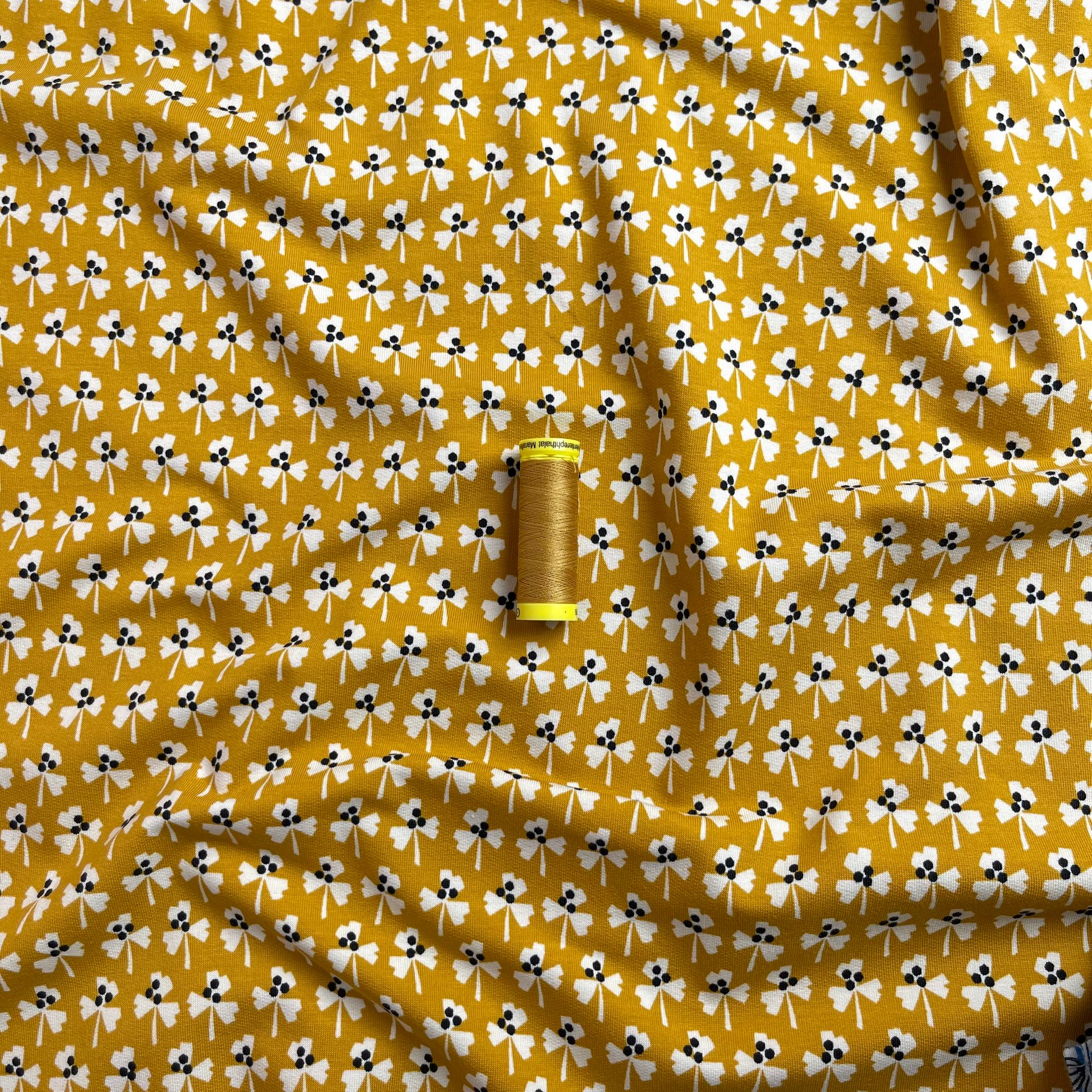 Monochrome Clovers on Yellow Cotton French Terry