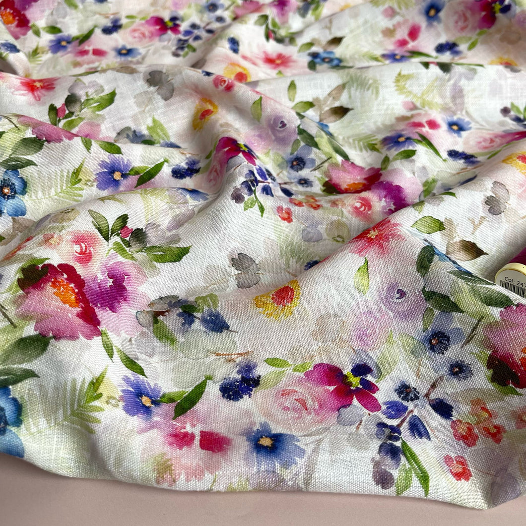 Spring Watercolour Florals Viscose Linen Fabric