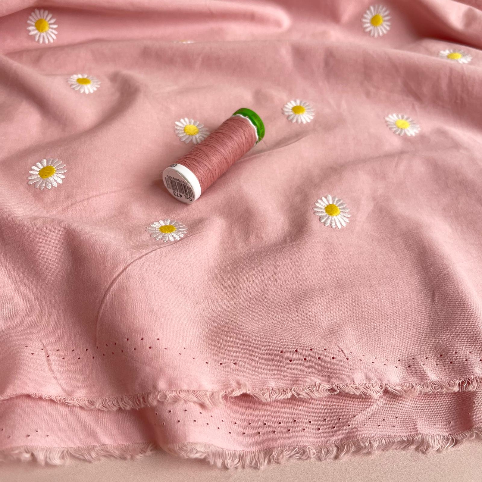 Embroidered Daisies on Pink Cotton Poplin