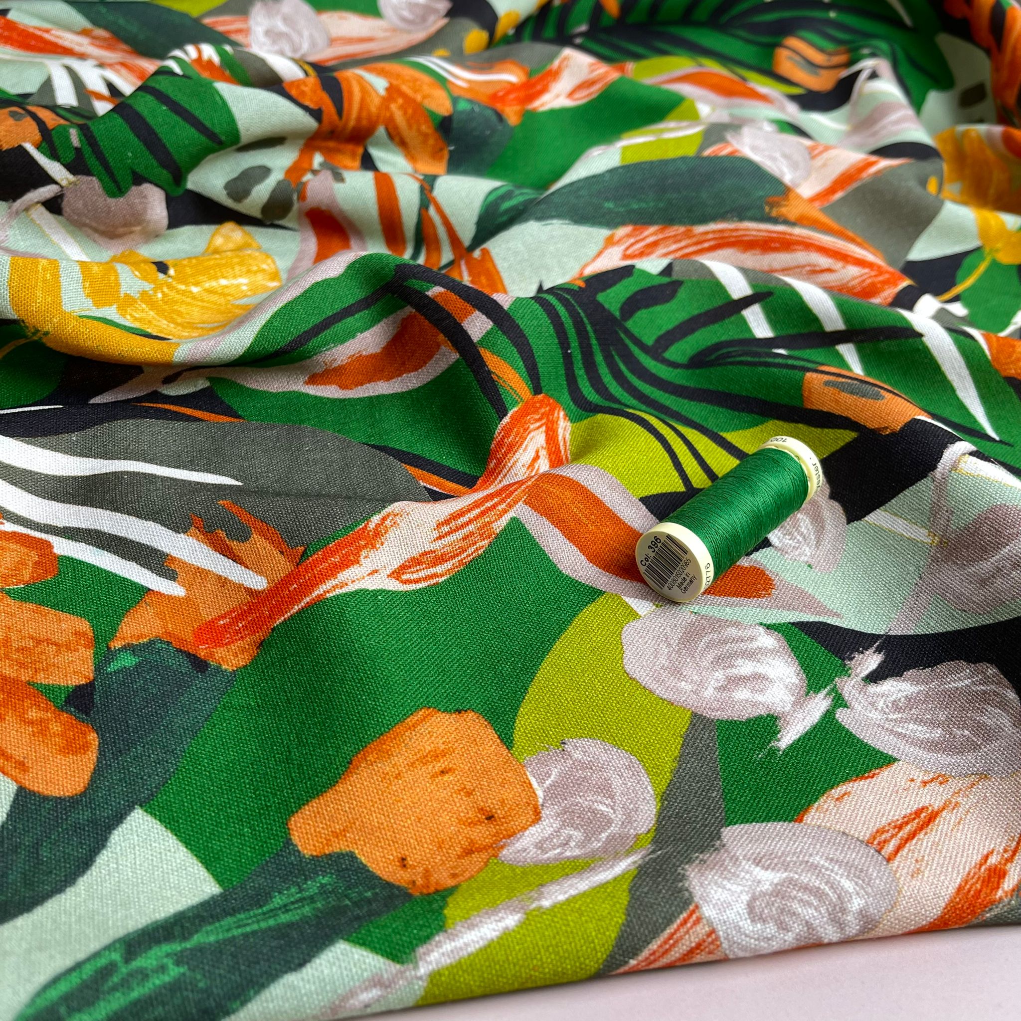 Tropical Forest in Emerald Viscose Linen Fabric