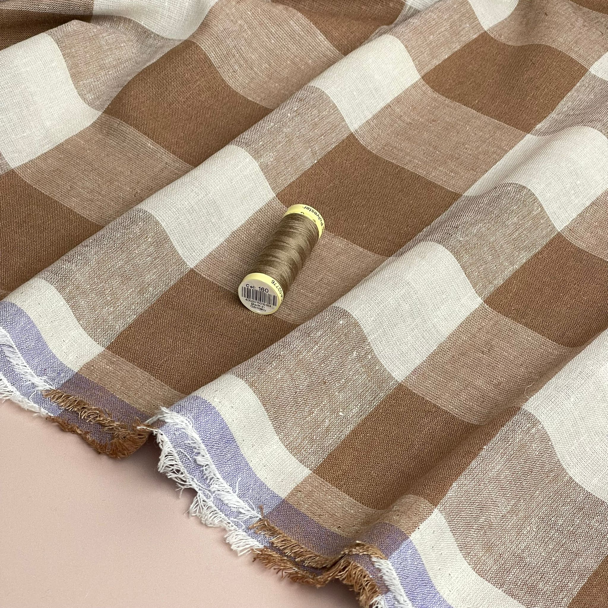 Yarn Dyed Mocha Gingham Viscose Linen Fabric