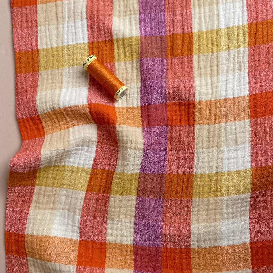 REMNANT 0.42 Metre - Checked Sunset Cotton Double Gauze