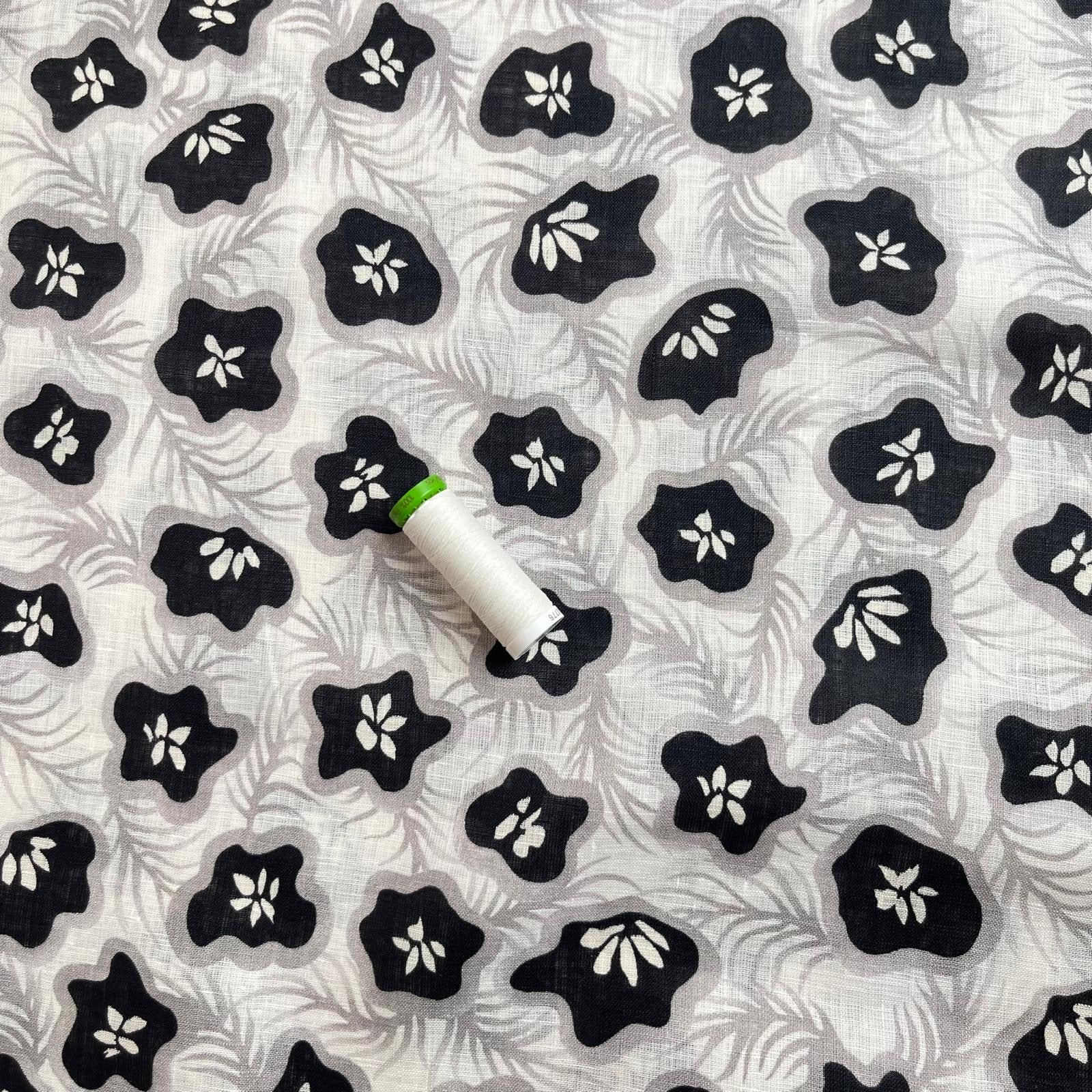 REMNANT 0.39 Metres - Ex-Designer Deadstock Tropical Fruits in Monochrome Pure Linen Fabric