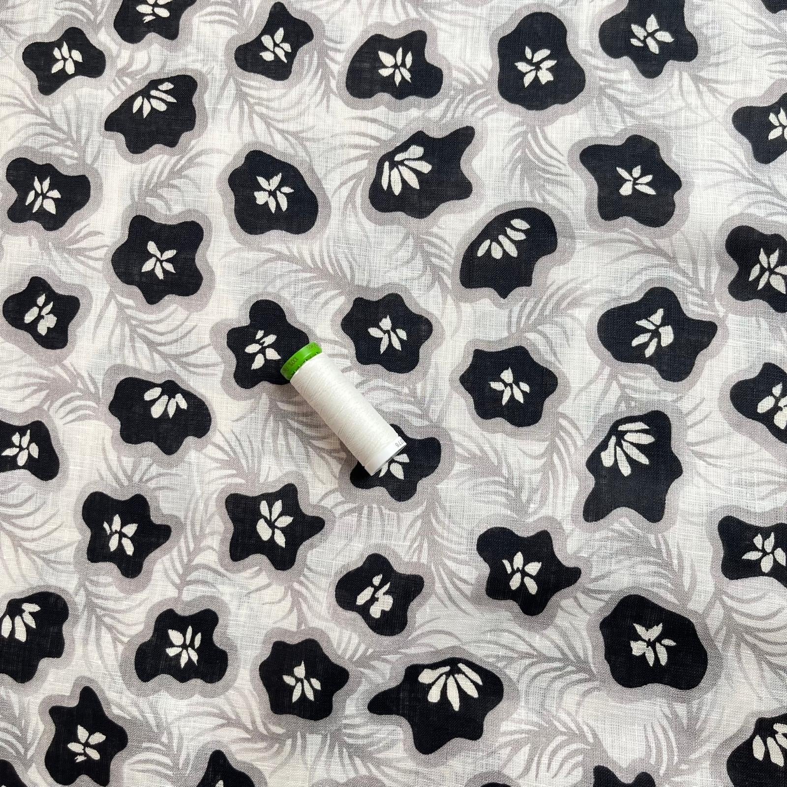 REMNANT 0.38 Metre - Ex-Designer Deadstock Tropical Fruits in Monochrome Pure Linen Fabric