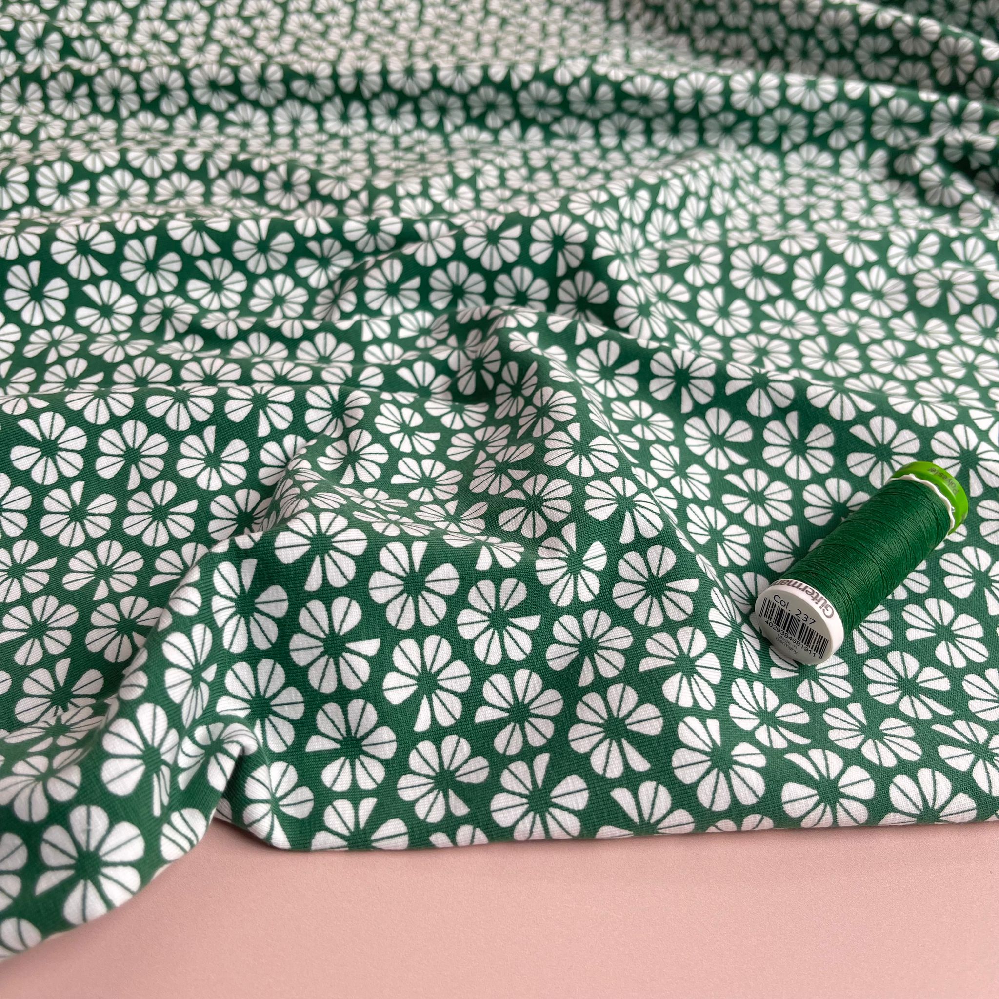 Graphic Pansies on Emerald Green GOTS Organic Cotton Jersey