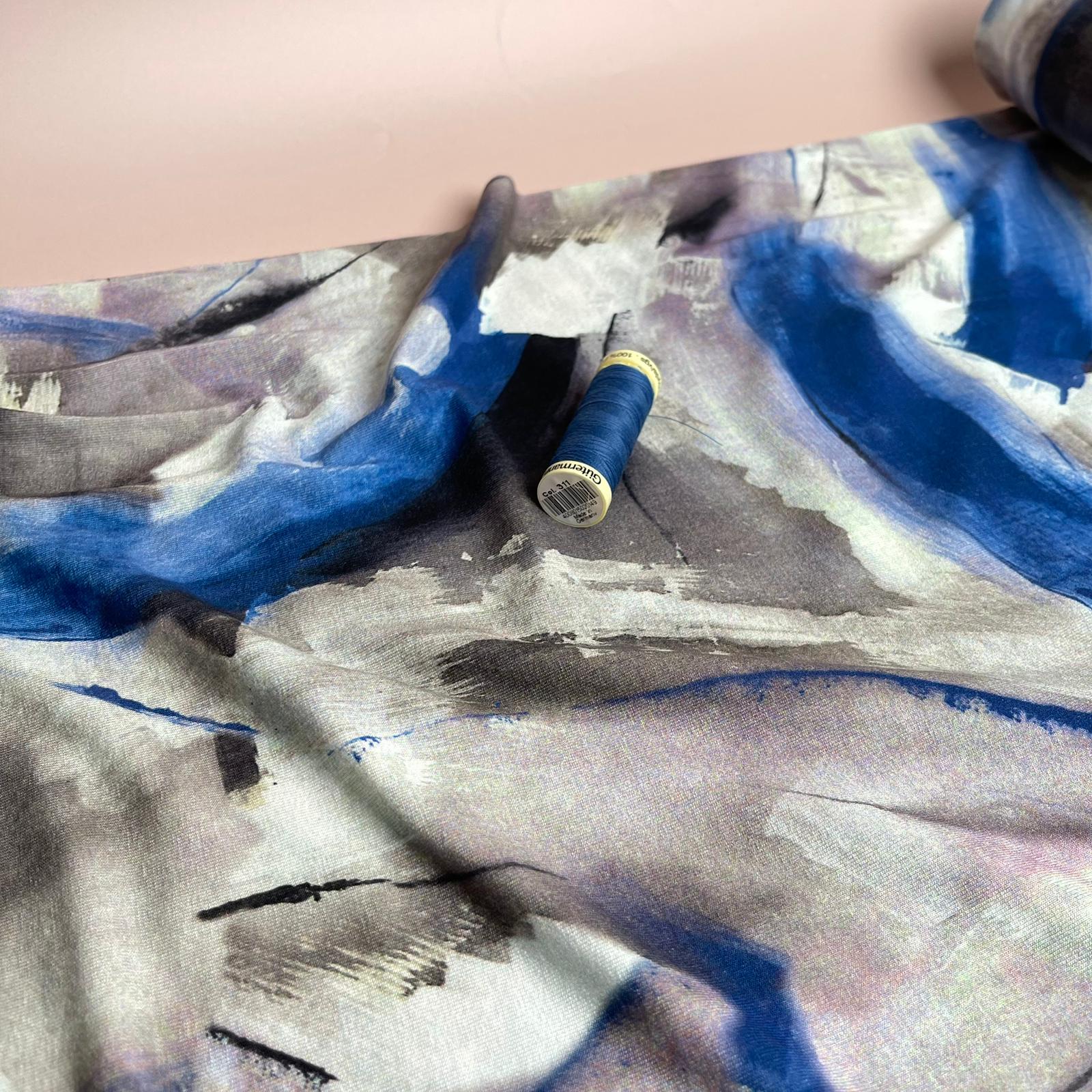 Abstract Painting in Cobalt and Grey Viscose Jersey Fabric