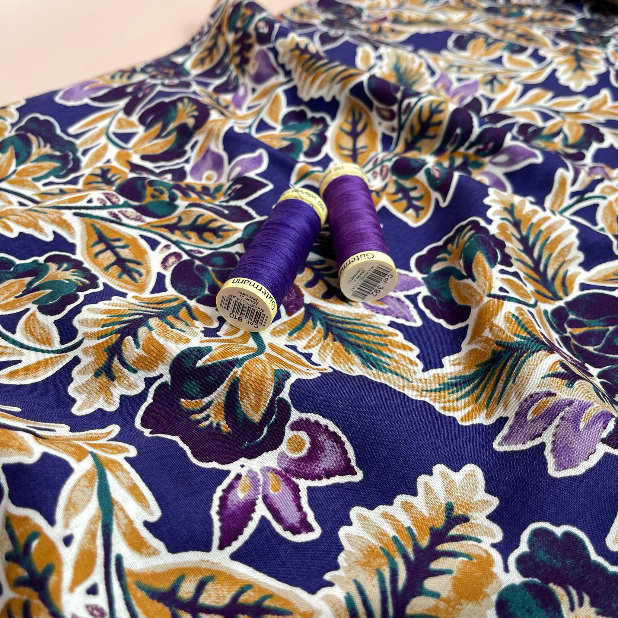 Golden Foliage on Purple Viscose Fabric