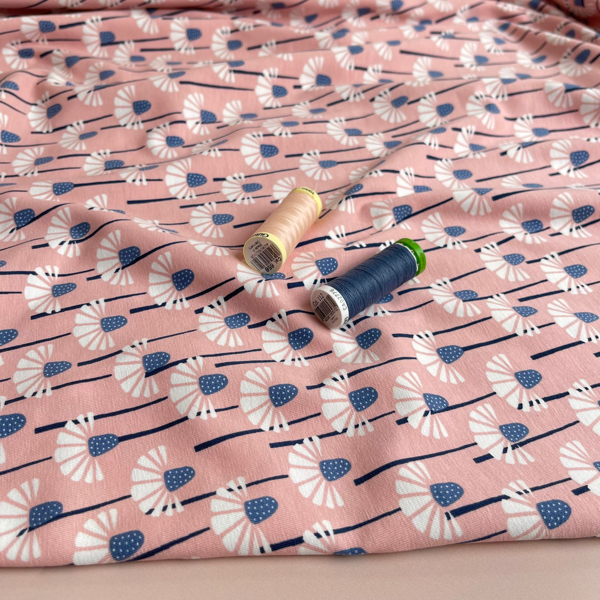 REMNANT 1.66 Metres - Blue Flower on Pink GOTS Organic Cotton Jersey