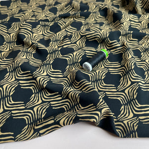 REMNANT 1.46 Metres - Abstract Lines in Gold on Black Viscose Poplin Fabric