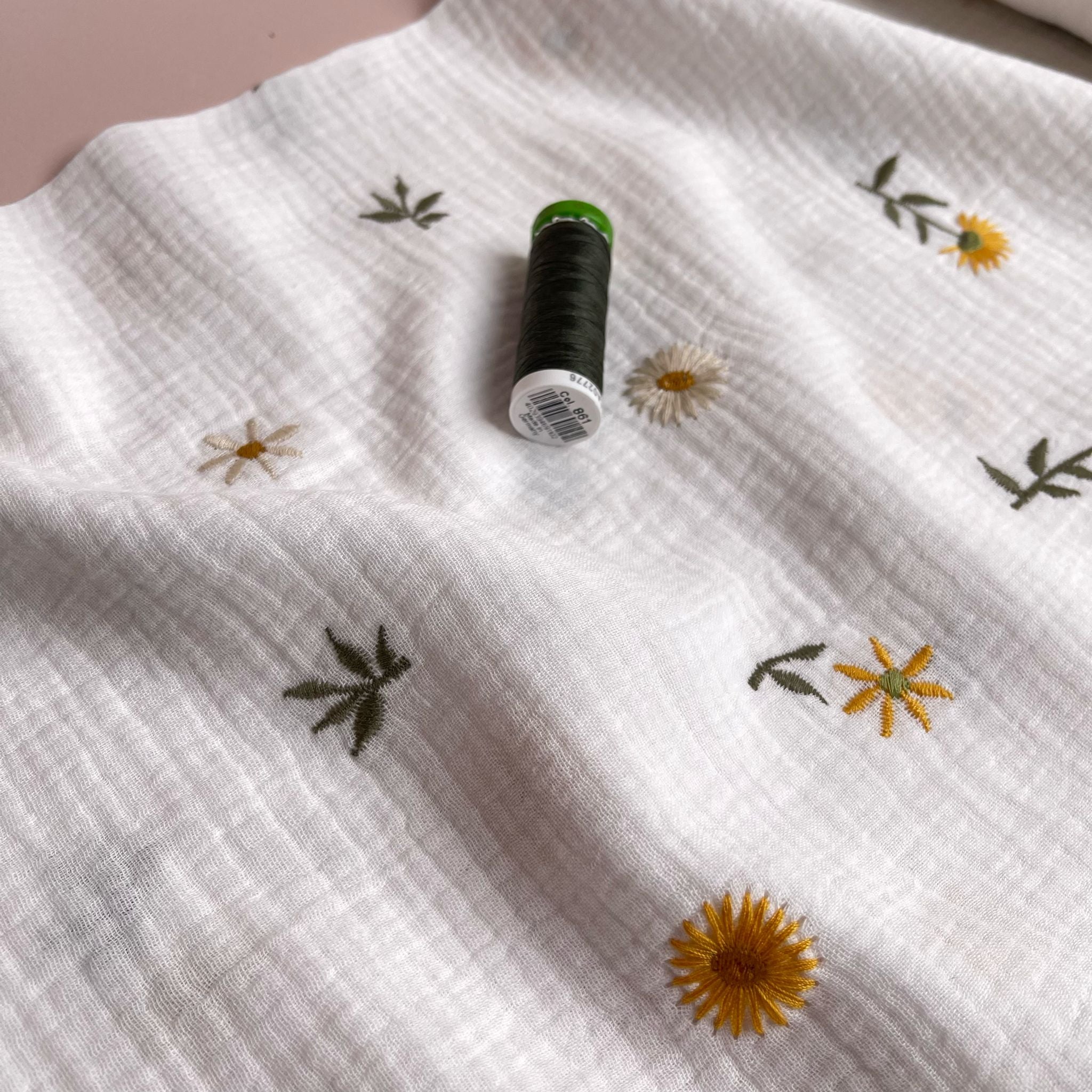 Embroidered Sunflowers on White Cotton Double Gauze