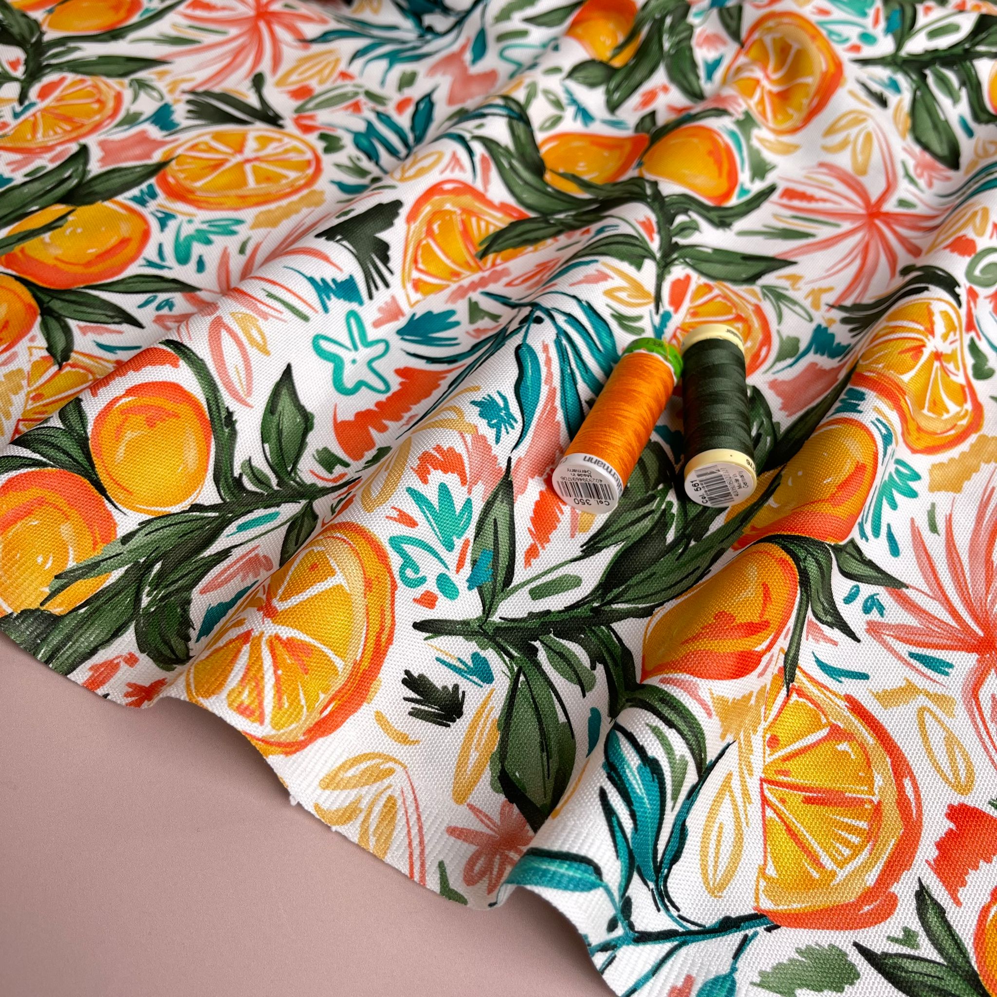 Orange Grove on White Cotton Canvas Fabric