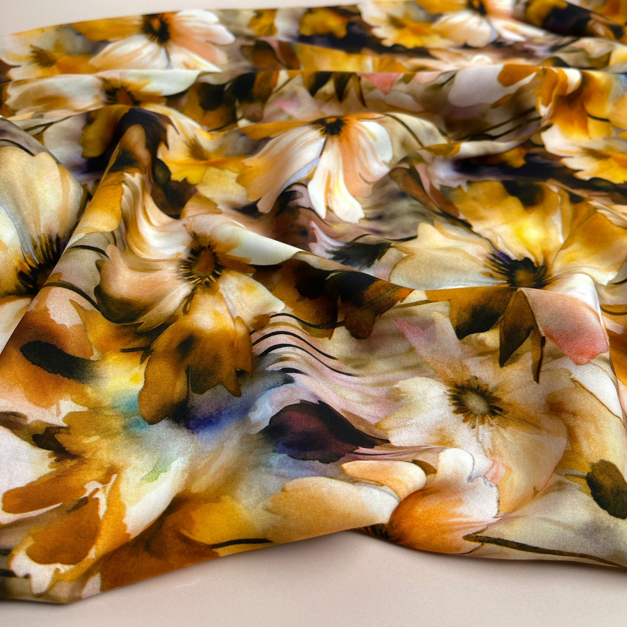 Sunrise Flowers in Brown Viscose Poplin Fabric