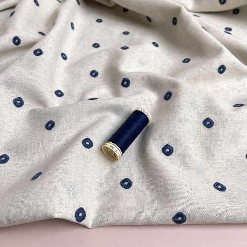 Embroidered Navy Circles on Natural Viscose Linen Blend Fabric