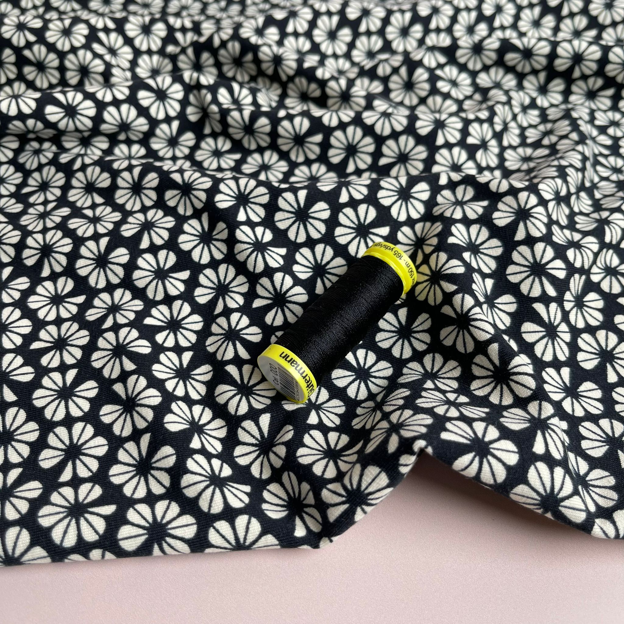 REMNANT 2.20 Metres - Graphic Pansies on Black GOTS Organic Cotton Jersey