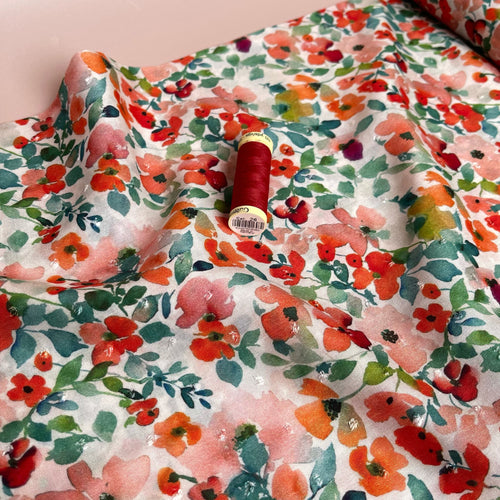 Poppy Field Blossoms on White Dobby Viscose Fabric