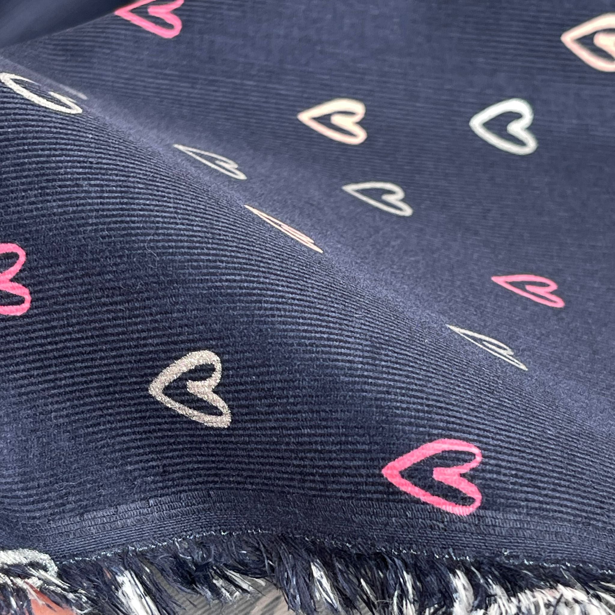 Shimmer Hearts on Navy Cotton Needlecord