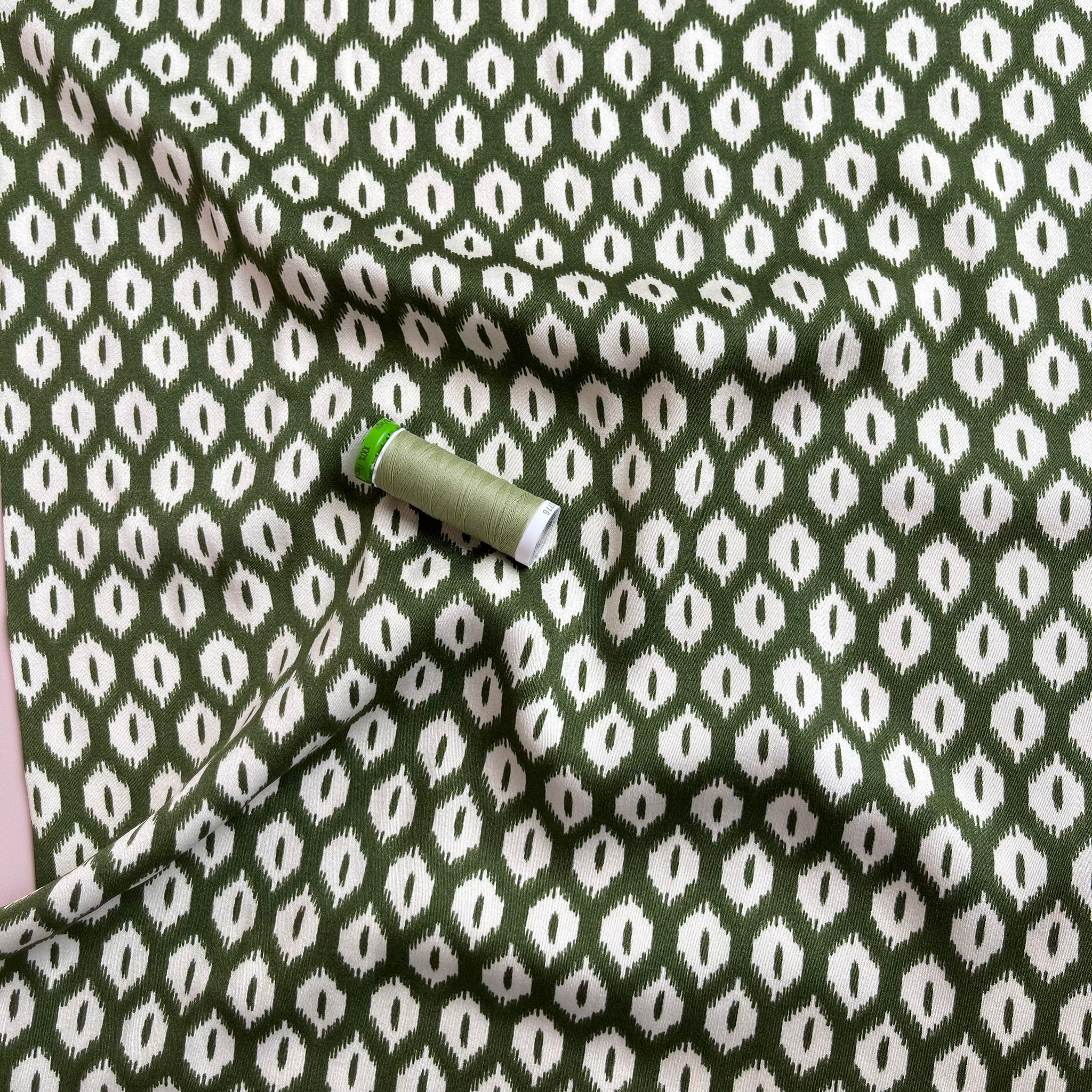 Abstract Rhombus on Olive Viscose Twill Sateen Fabric