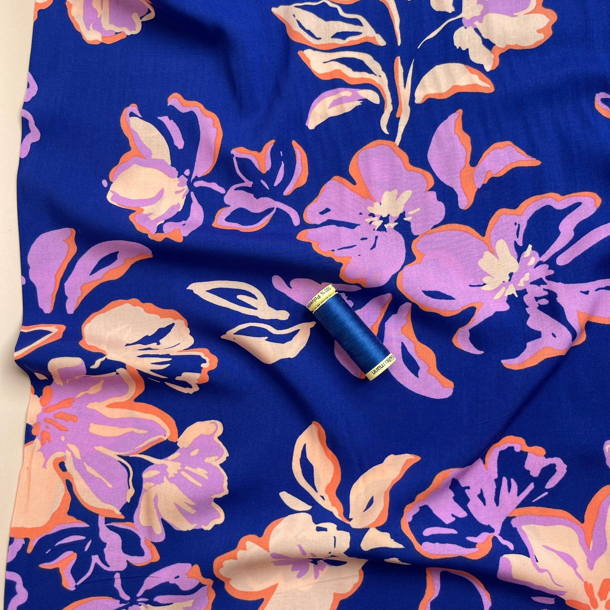 Painted Blooms on Deep Cobalt LENZING™ ECOVERO™ Viscose Fabric