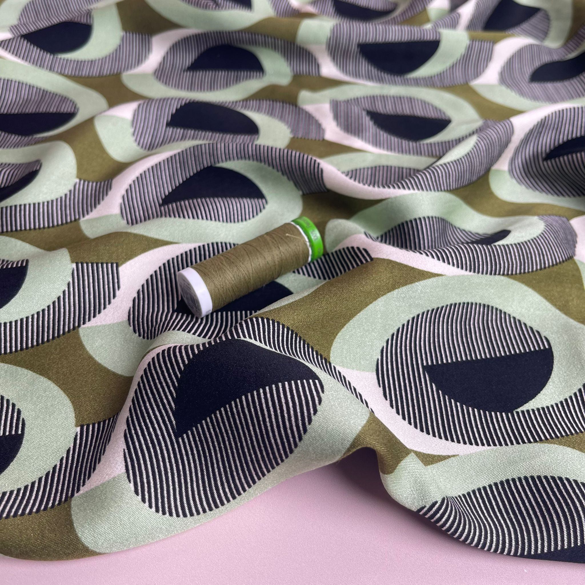 REMNANT 1.3 Metres - Abstract Circles on Olive Viscose Twill Sateen Fabric