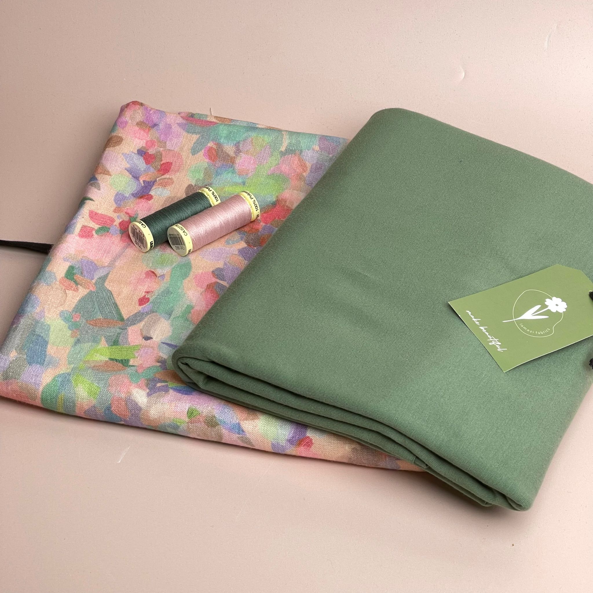 Make an Outfit Colour Bundle - Lupine Petals Blush Linen & Green Cotton Jersey