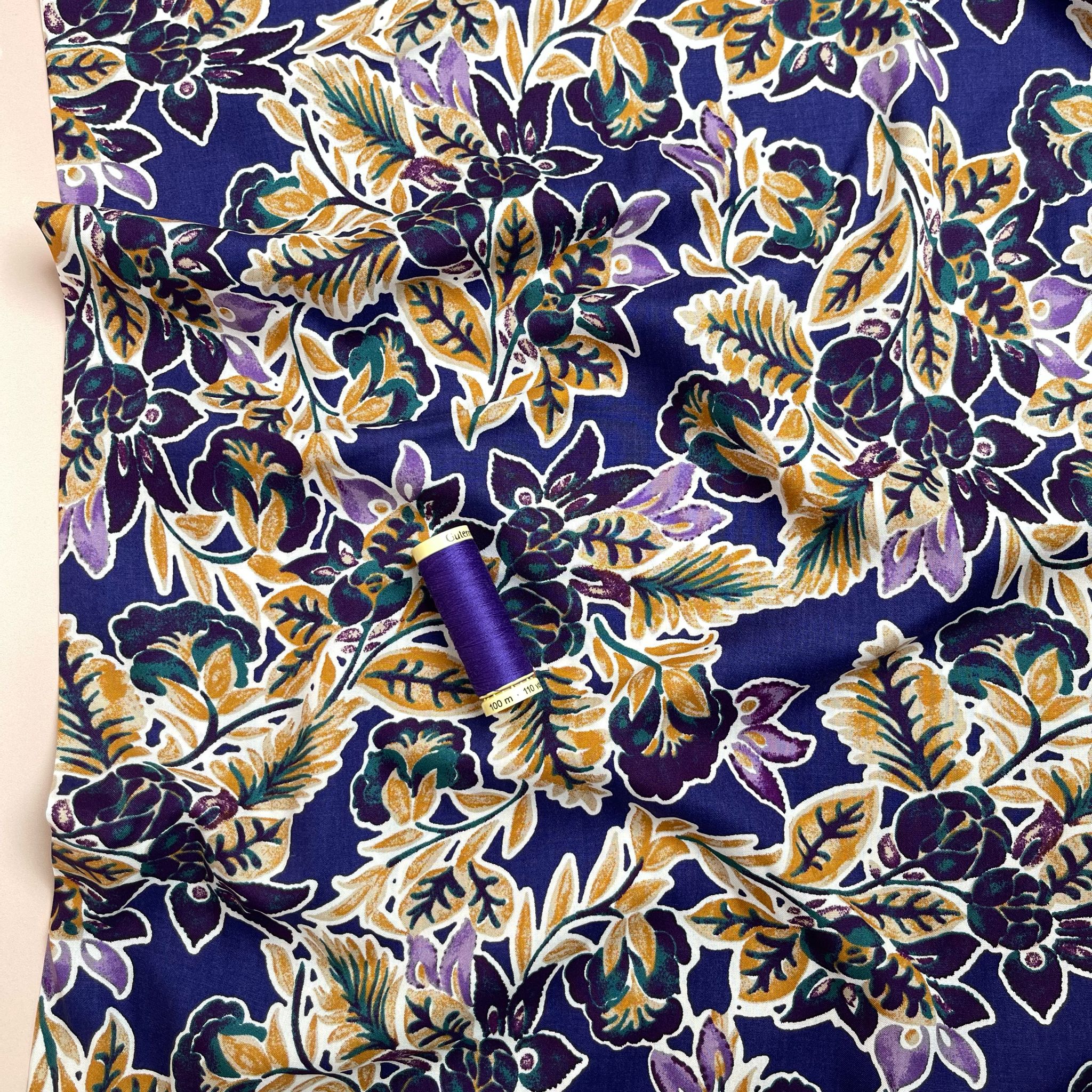 Golden Foliage on Purple Viscose Fabric