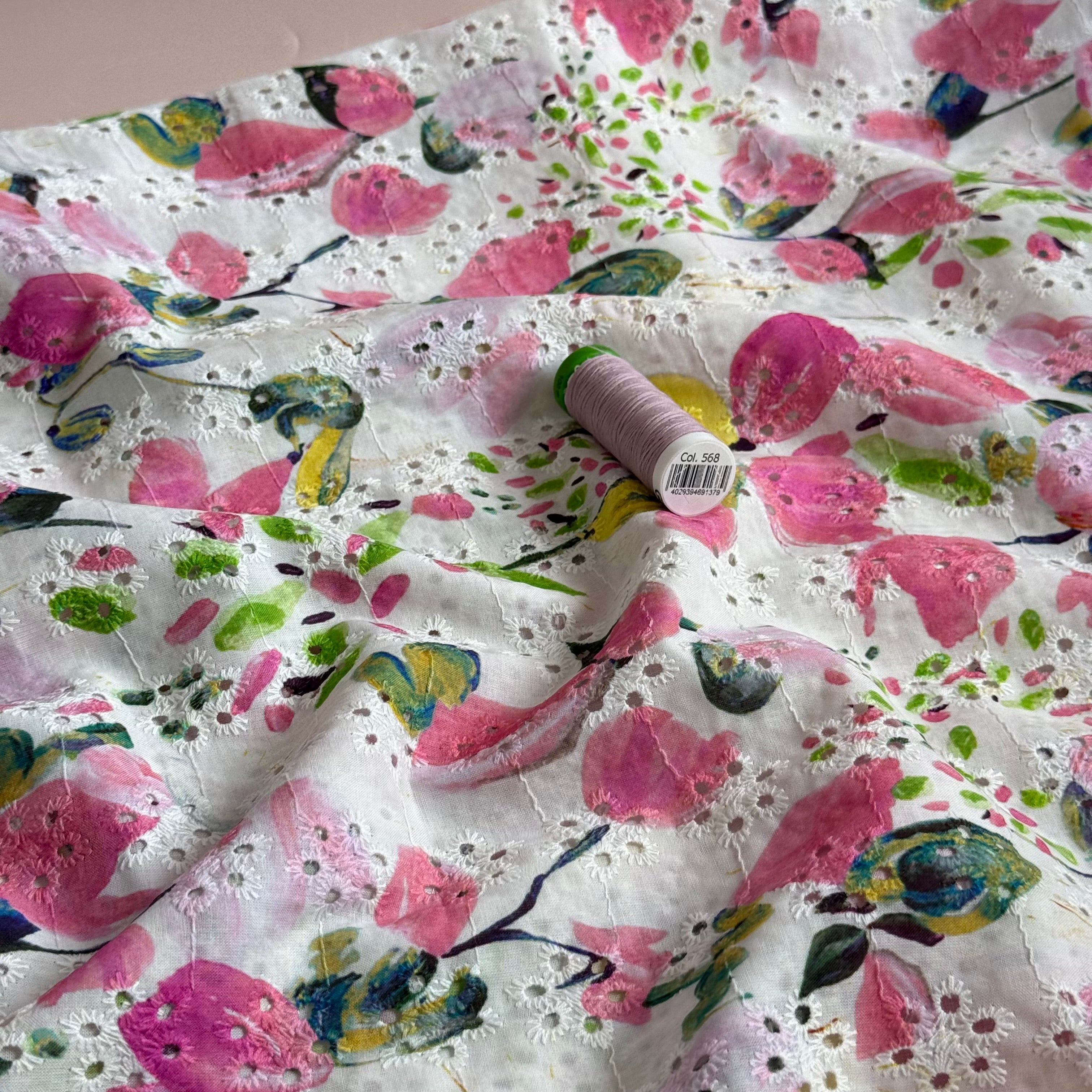 Pink Petals on Embroidered Cotton Voile Fabric
