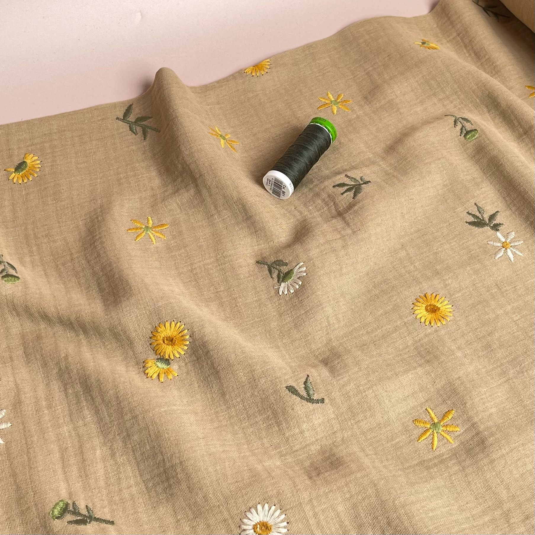 Embroidered Sunflowers on Beige Cotton Double Gauze