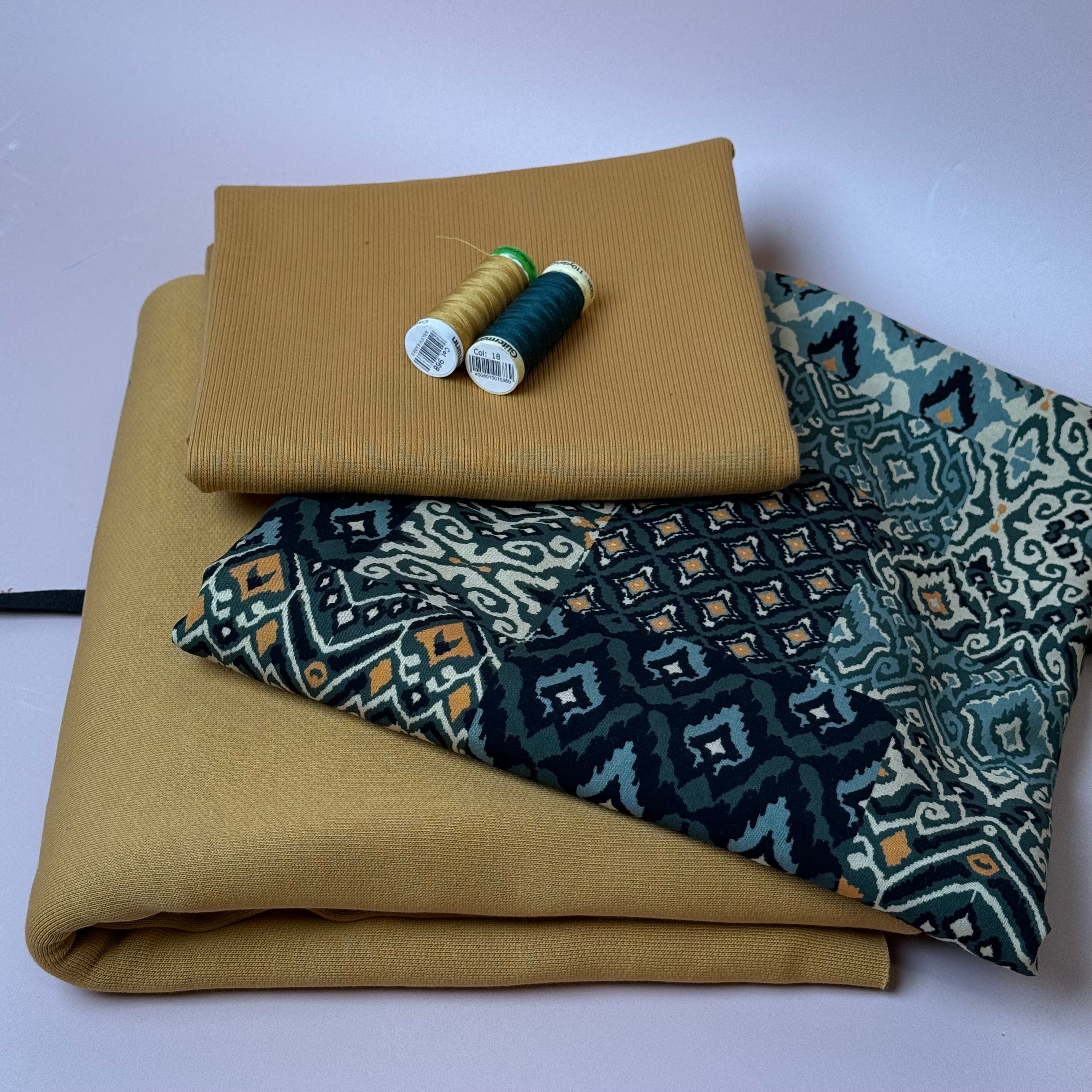 Make an Outfit Colour Bundle - Vintage Patchwork Green Viscose & Brushed Sweatshirt in Dry Mustard with Ribbing
