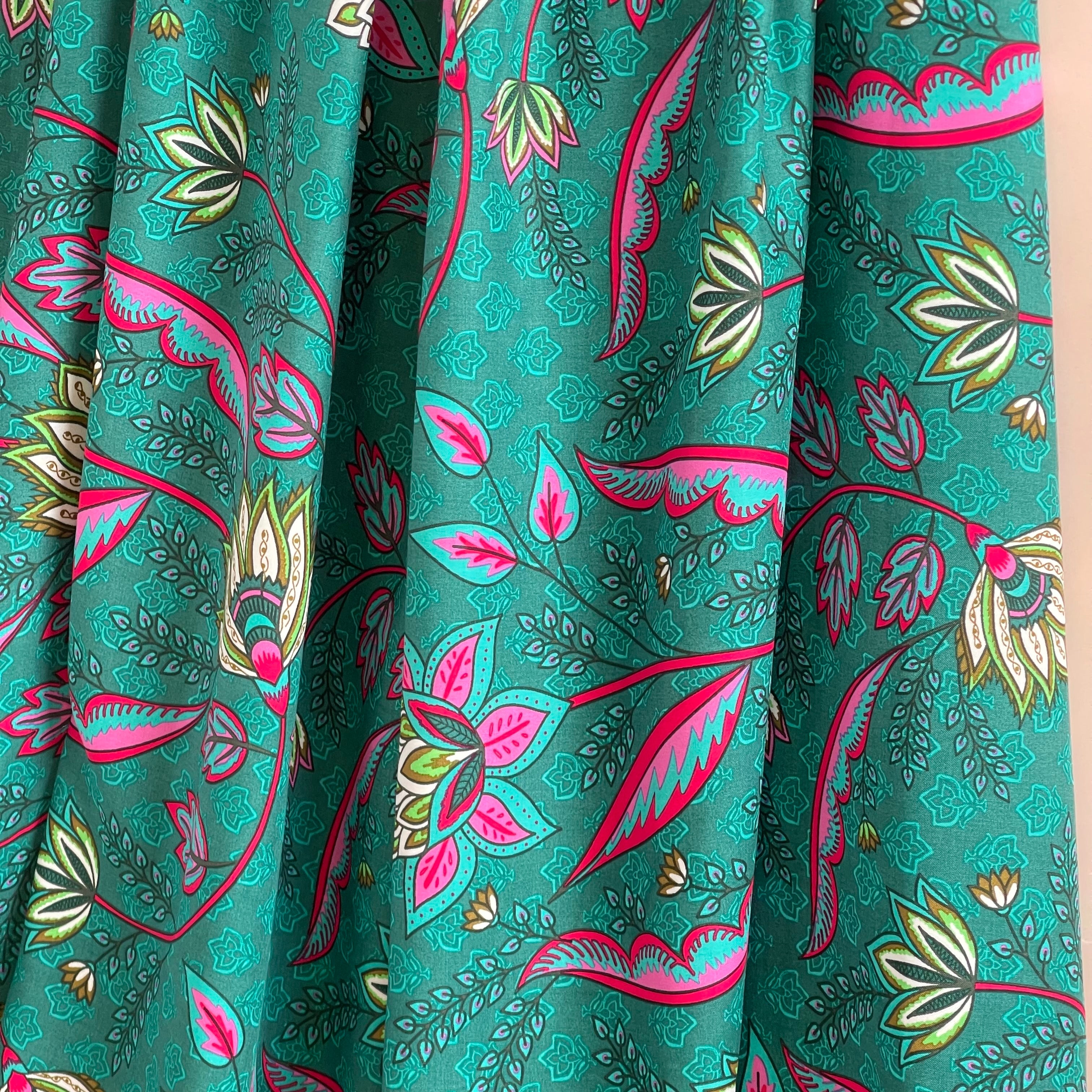 Lotus Flowers Teal Viscose Voile Fabric
