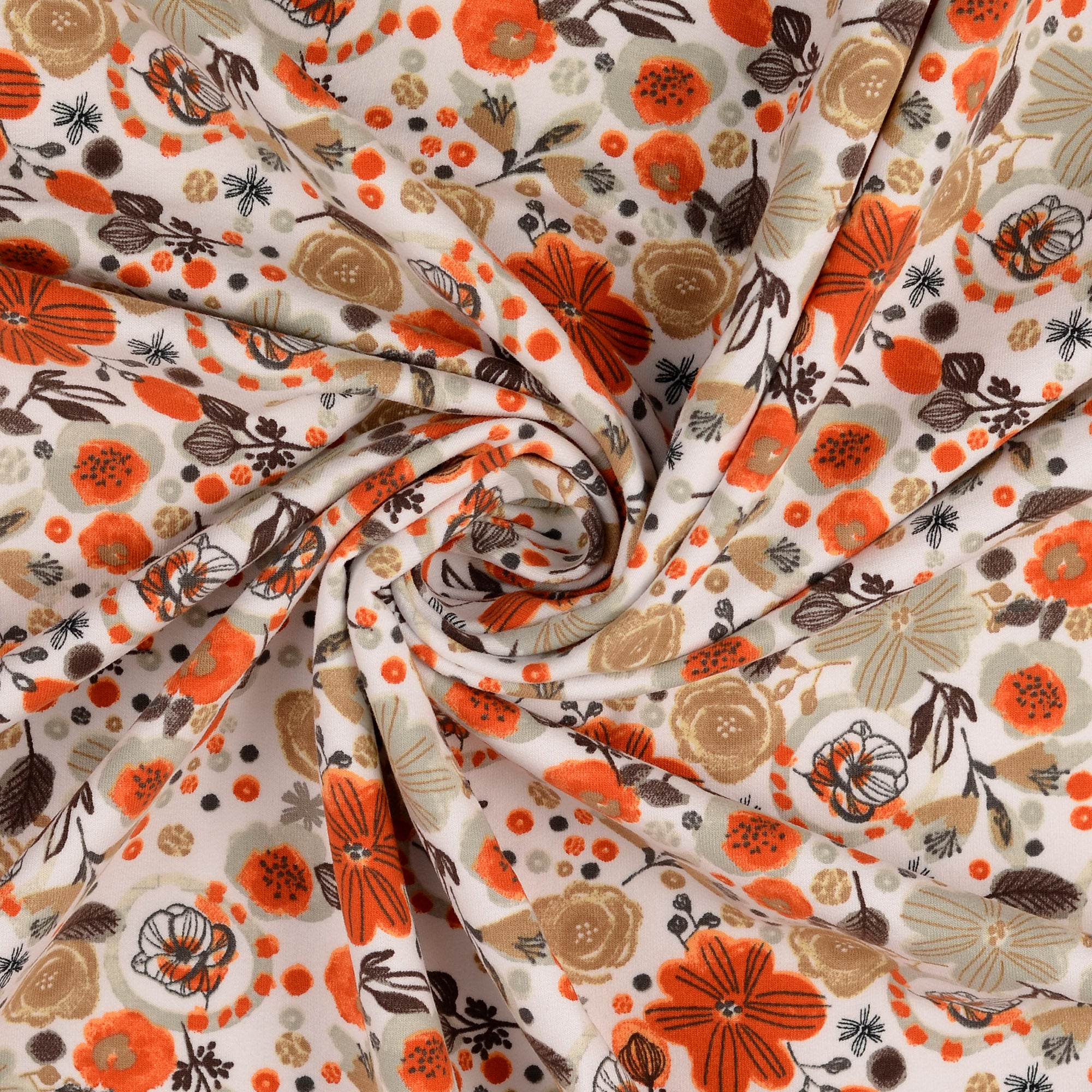 Floral Sketch Peach Soft Cotton Sweat-shirting Fabric in Ecru