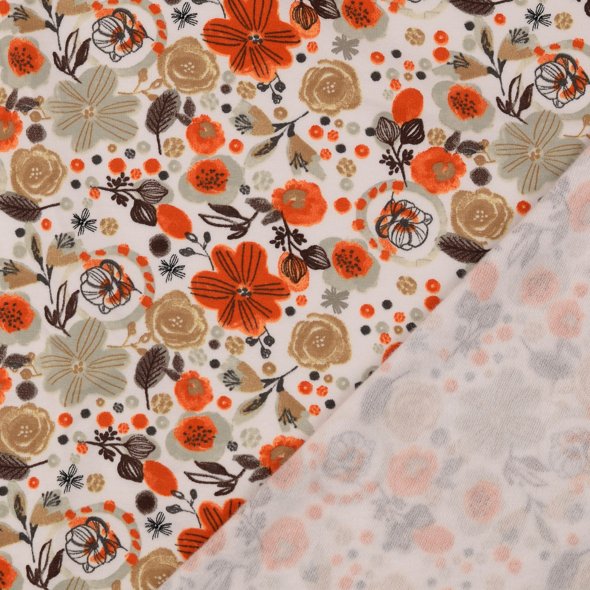 REMNANT 1.95 Metres - Floral Sketch Peach Soft Cotton Sweat-shirting Fabric in Ecru