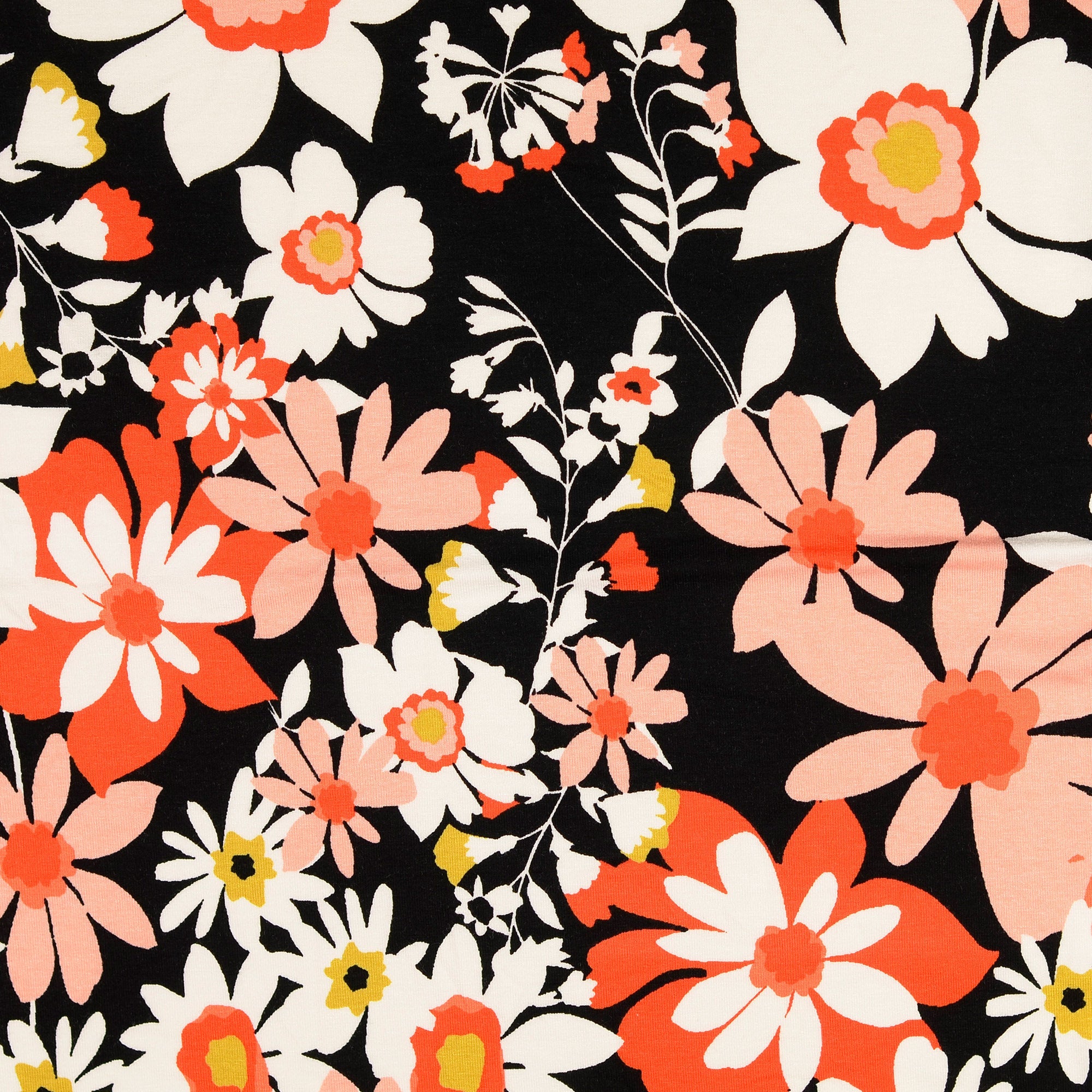 REMNANT 1.05 Metres (with test hole 18cm) + 0.95 Metre -Blooms on Black Viscose Jersey Fabric