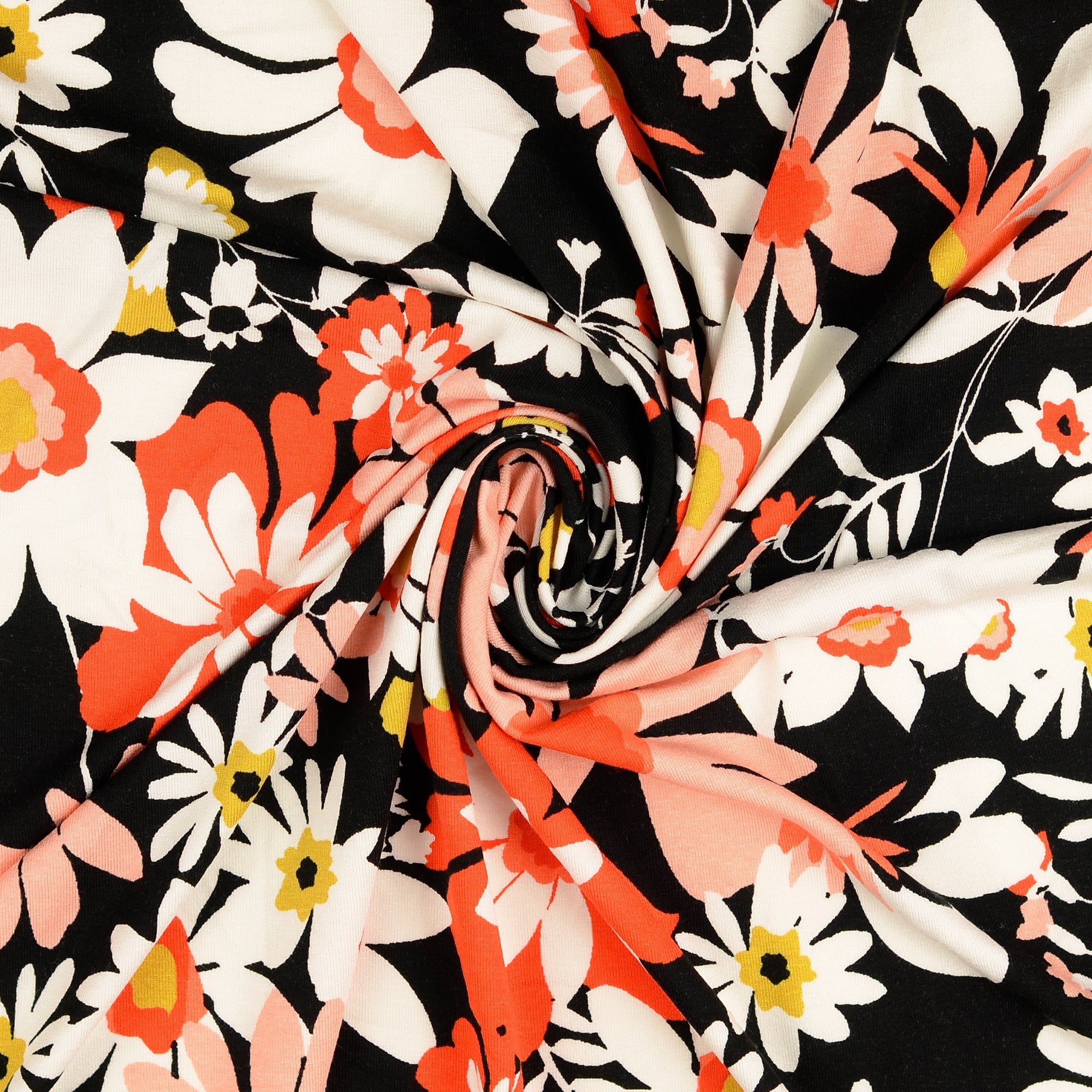 REMNANT 1.05 Metres (with test hole 18cm) + 0.95 Metre -Blooms on Black Viscose Jersey Fabric