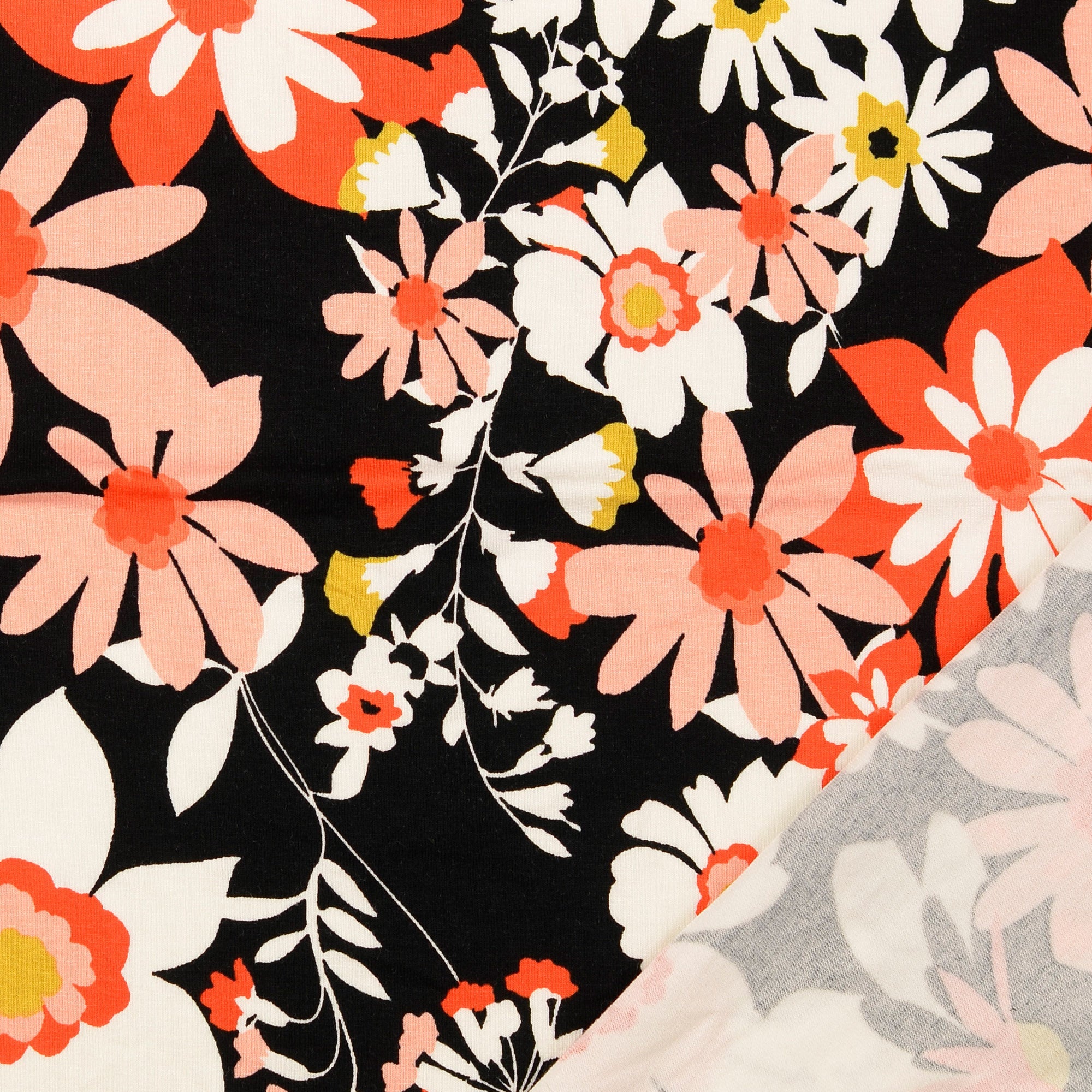 REMNANT 1.05 Metres (with test hole 18cm) + 0.95 Metre -Blooms on Black Viscose Jersey Fabric