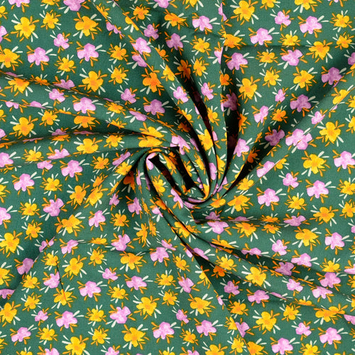 Pretty Petals on Green Viscose Poplin Fabric
