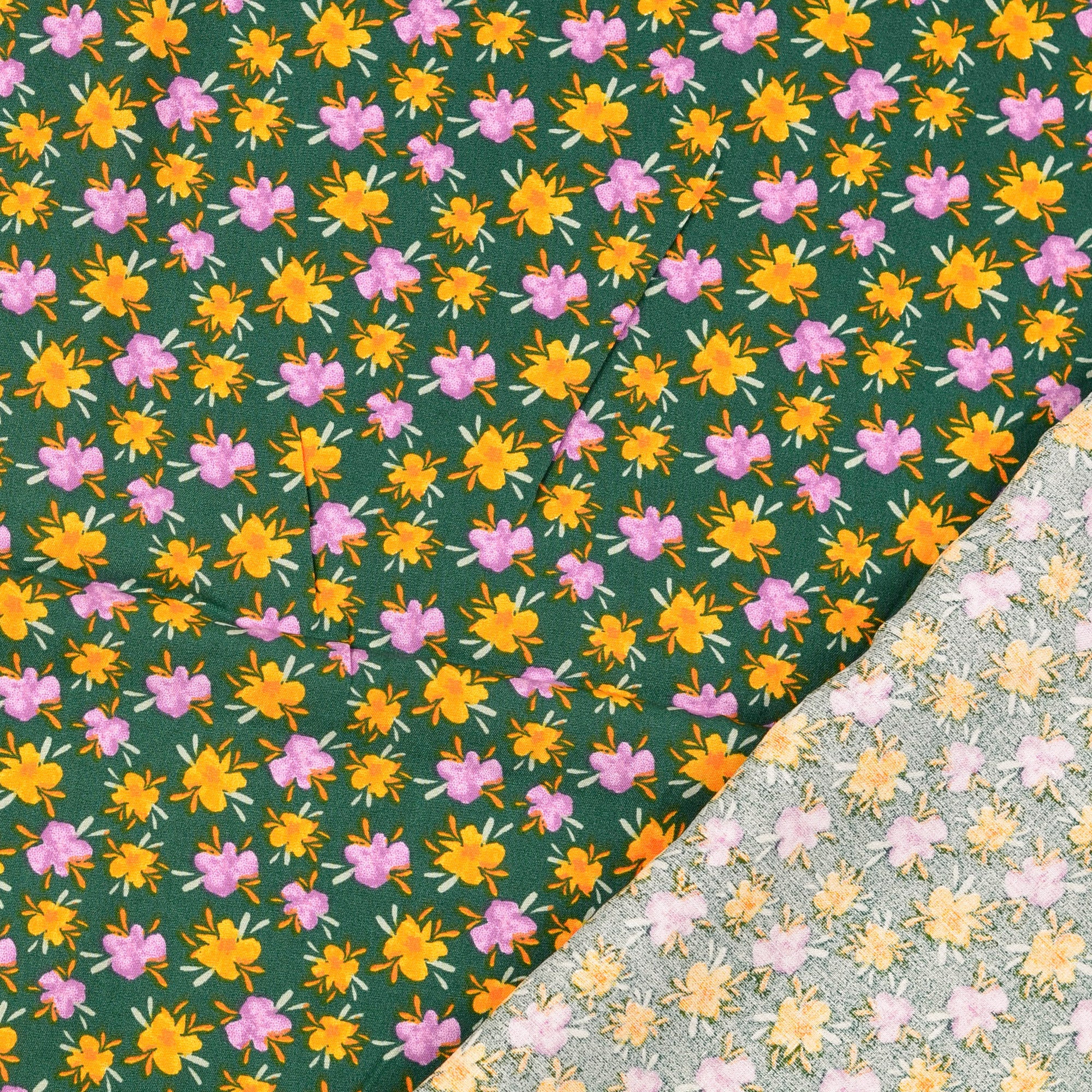 Pretty Petals on Green Viscose Poplin Fabric