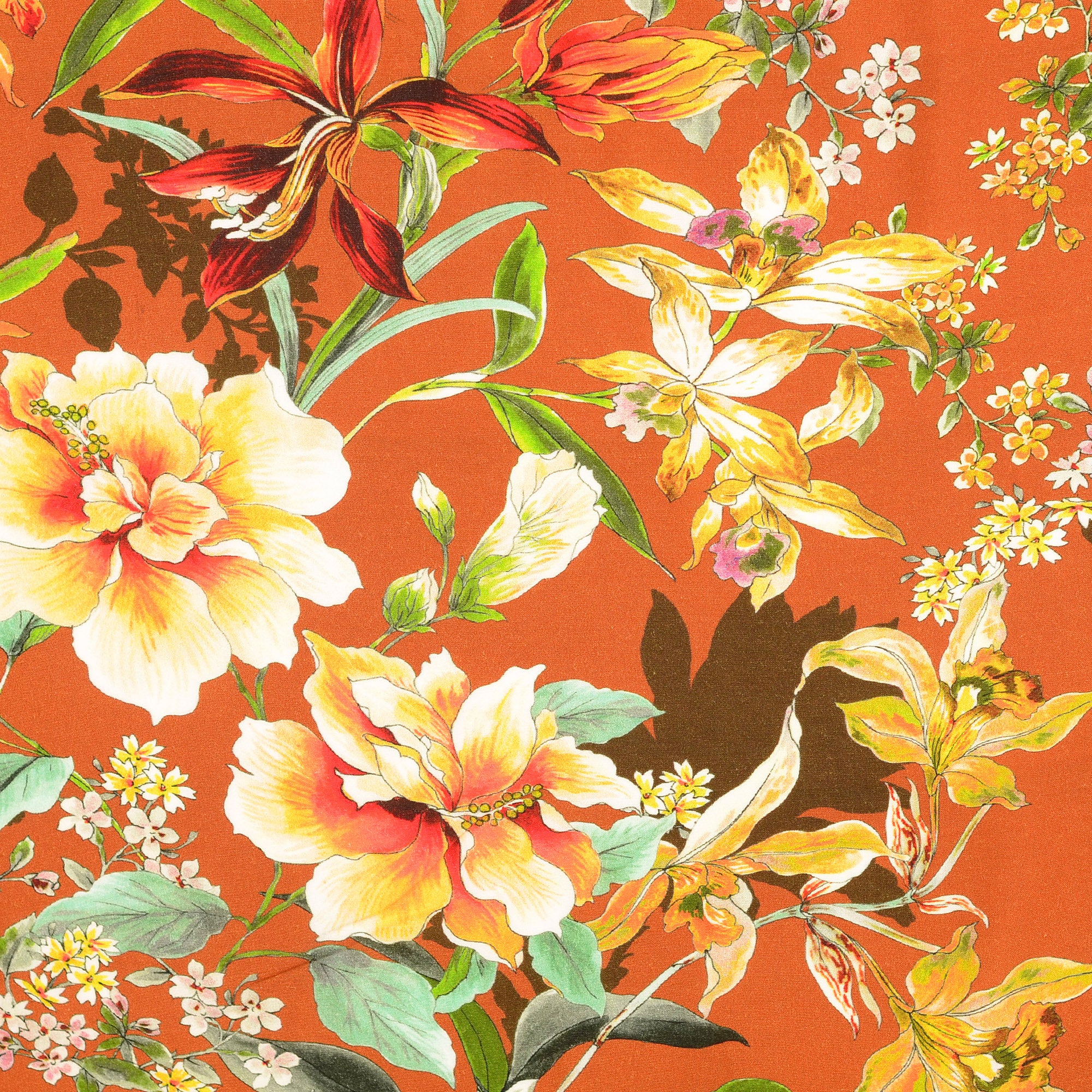 Watercolour Tropics on Appricot Viscose Poplin Fabric