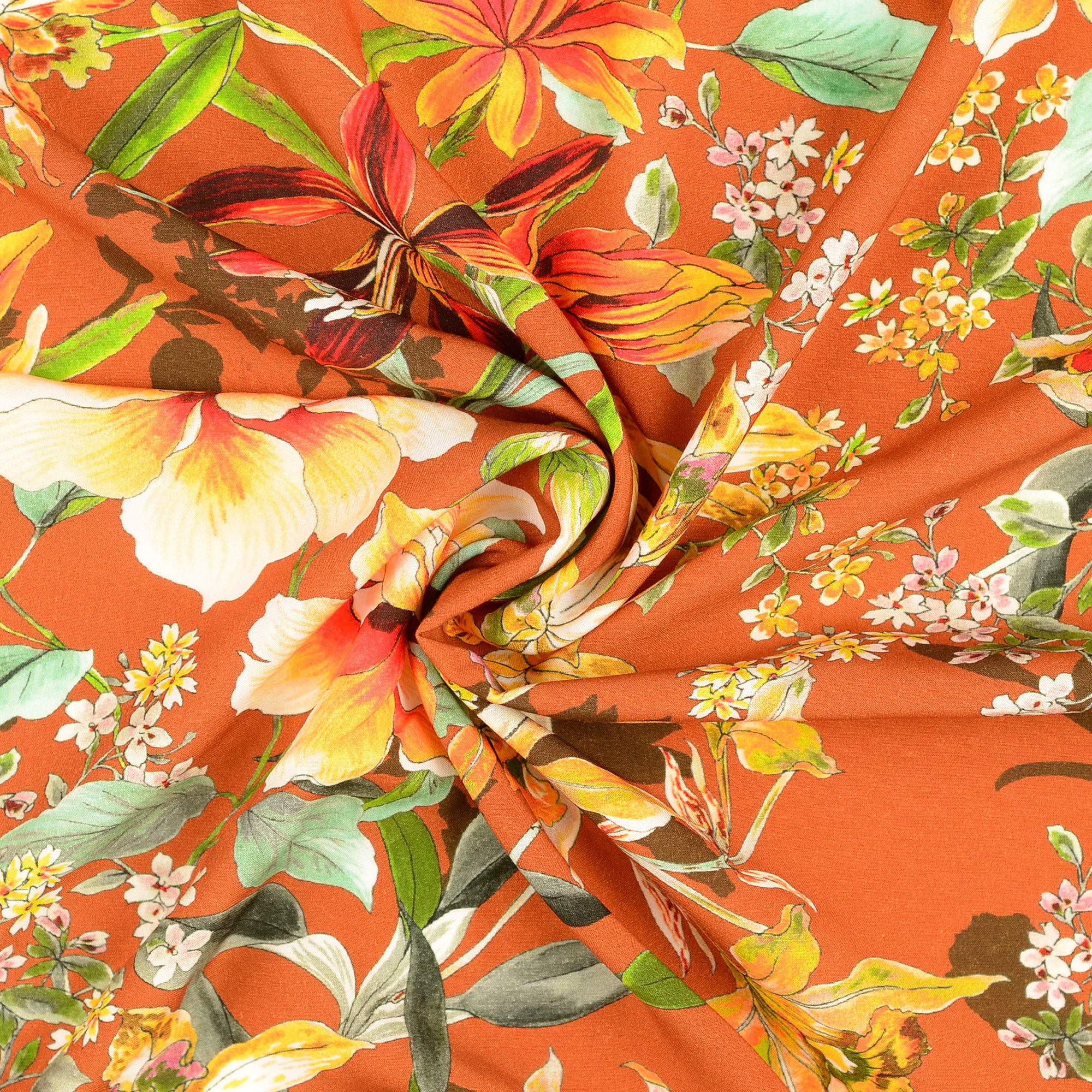 Watercolour Tropics on Appricot Viscose Poplin Fabric