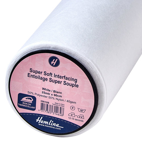 Super-Soft Lightweight Iron-on Interfacing in White - White  Sold in Half Meters