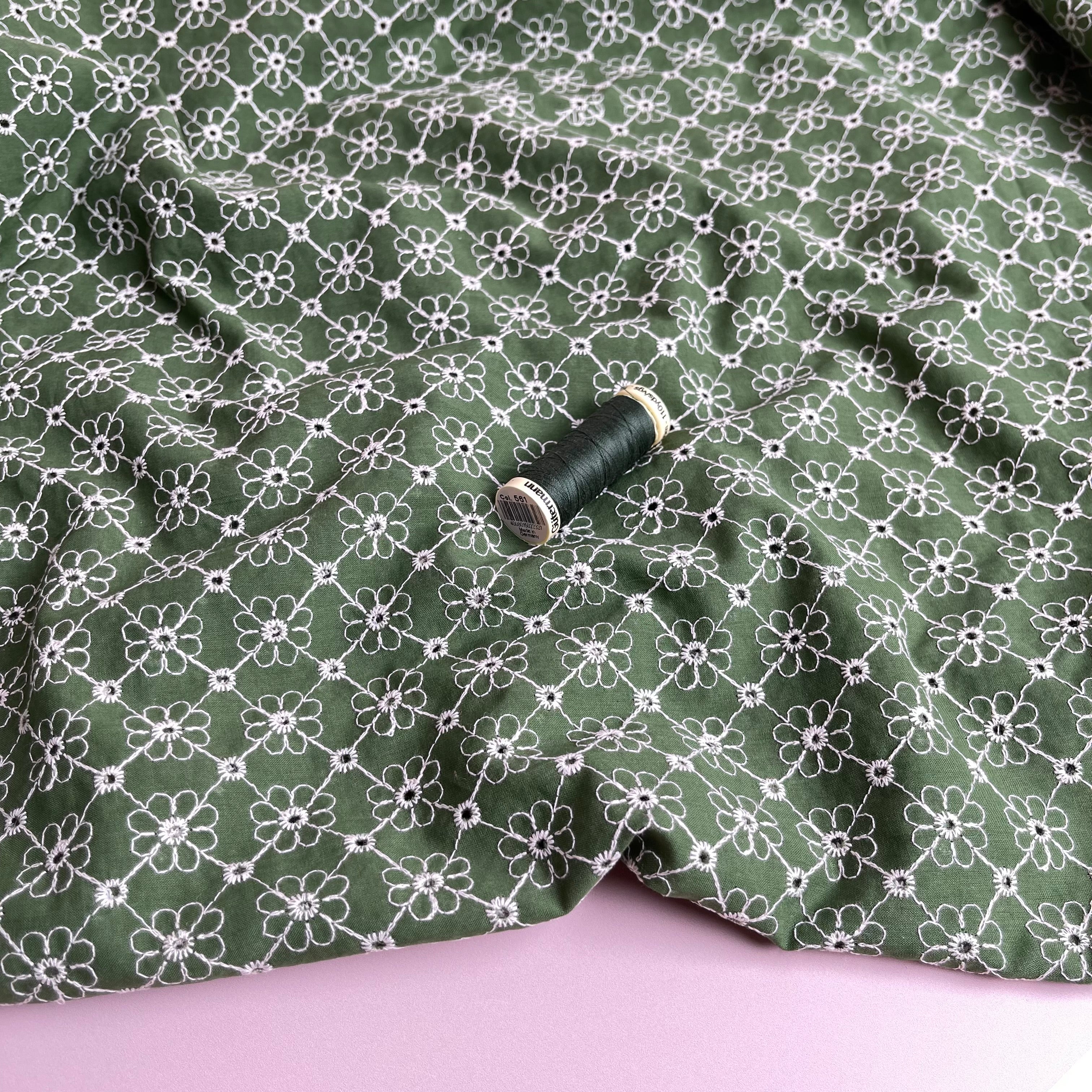 REMNANT 0.52 Metre - Embroidered Daisy Chain on Green Cotton Fabric