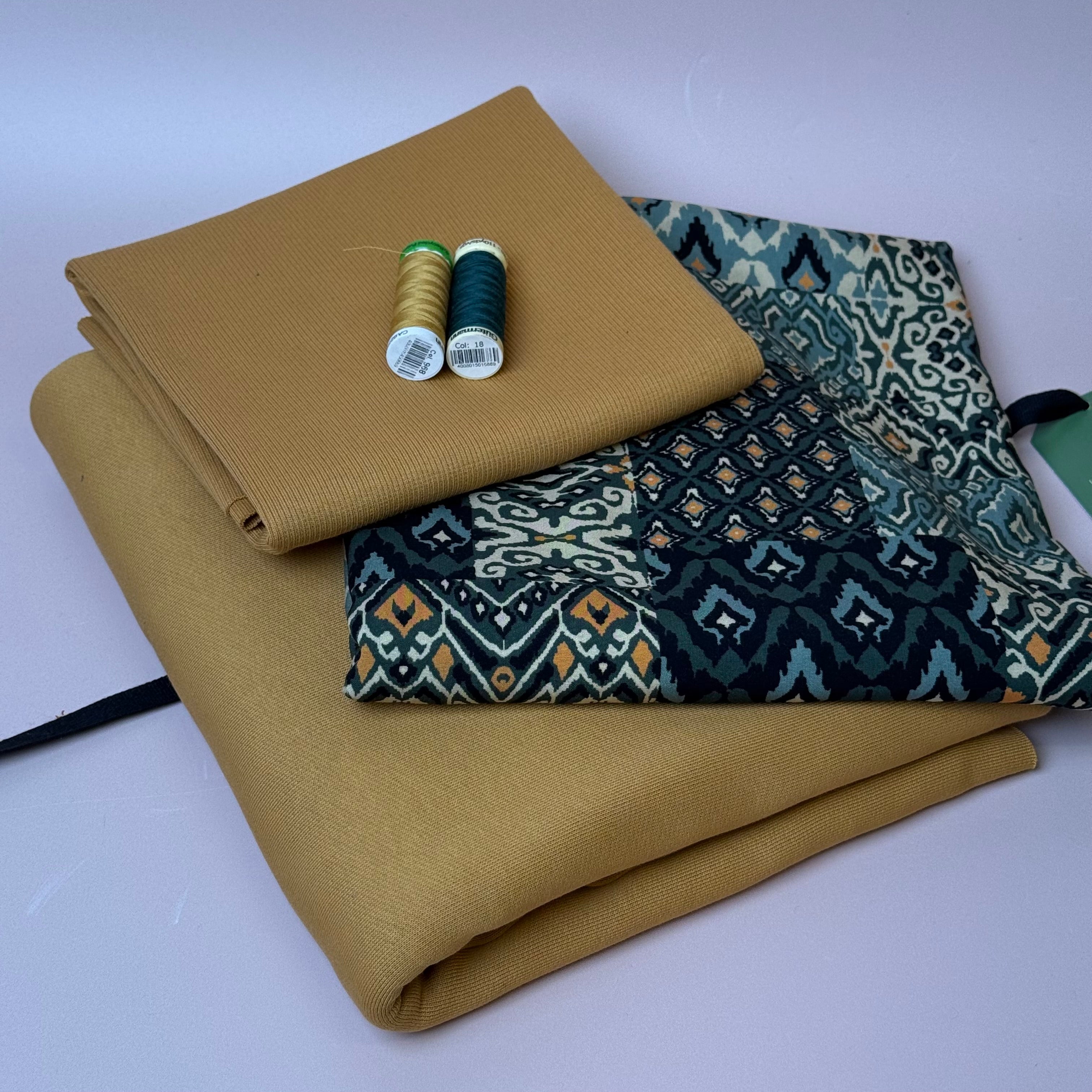 Make an Outfit Colour Bundle - Vintage Patchwork Green Viscose & Brushed Sweatshirt in Dry Mustard with Ribbing