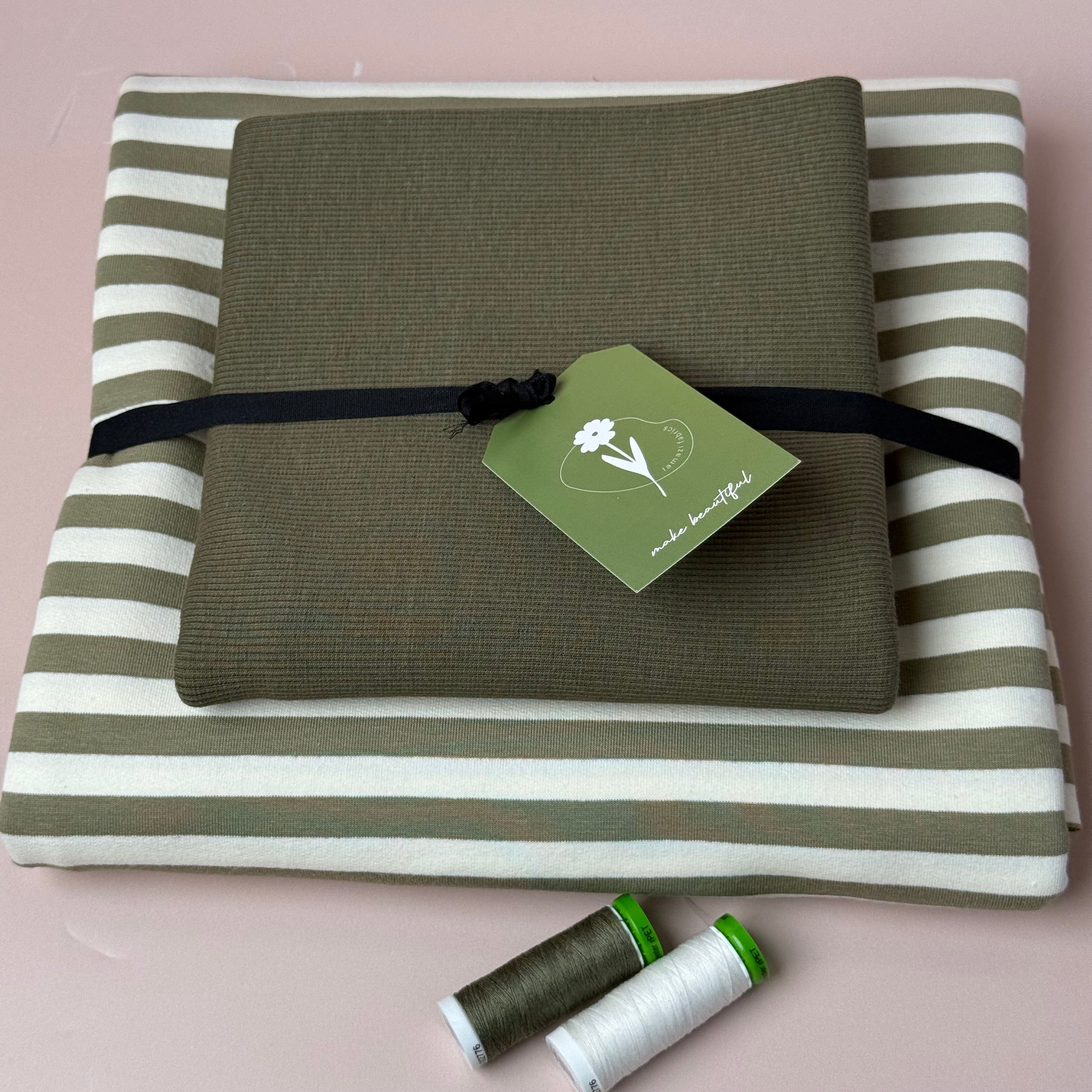 Colour Bundles - Tea Green Stripe Cotton French Terry & Ribbing