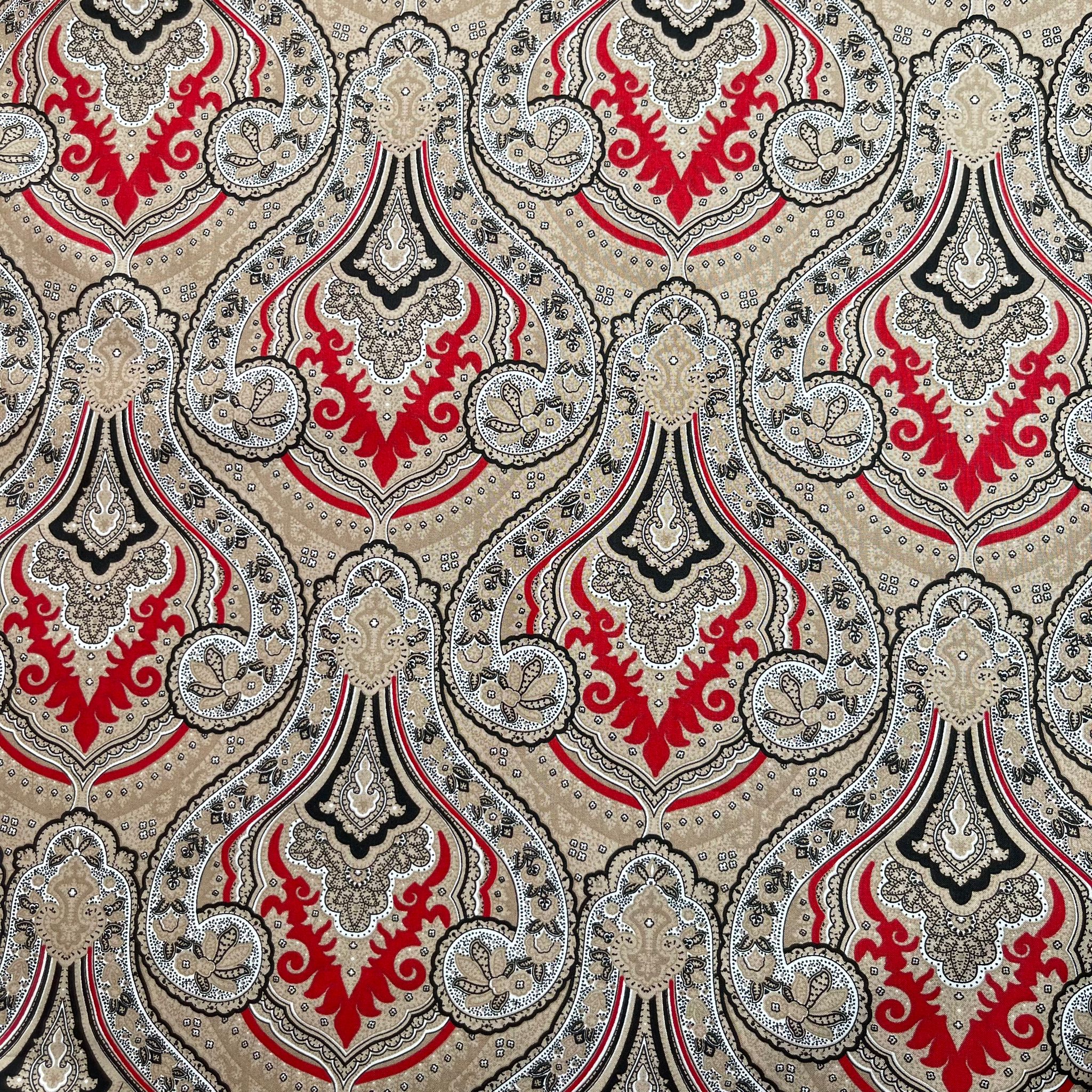 Ornate Damask on Red Cotton Lawn Fabric